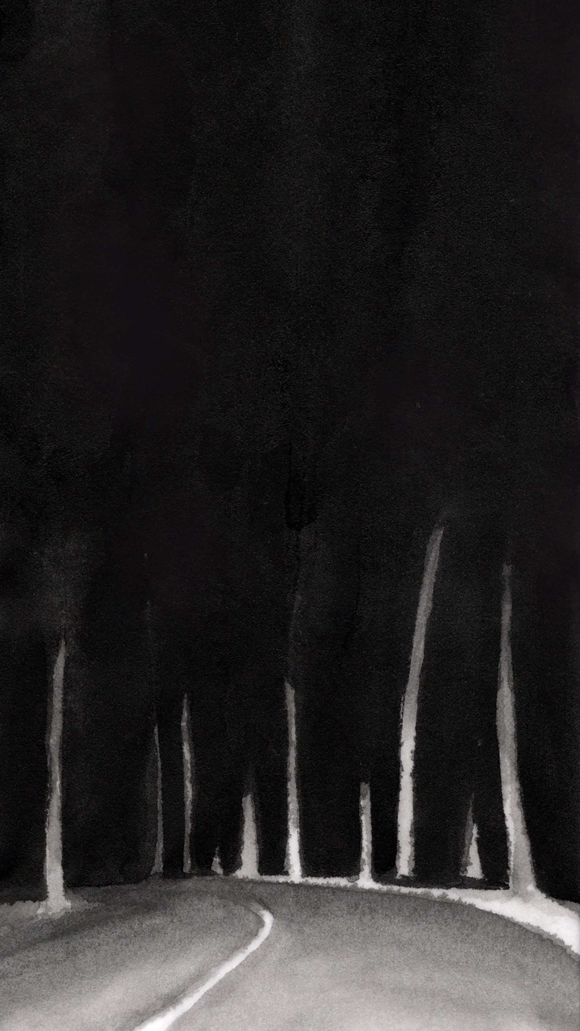 Night Road, 2024, black India ink painted own waxed rice paper, 9.5” x 4”