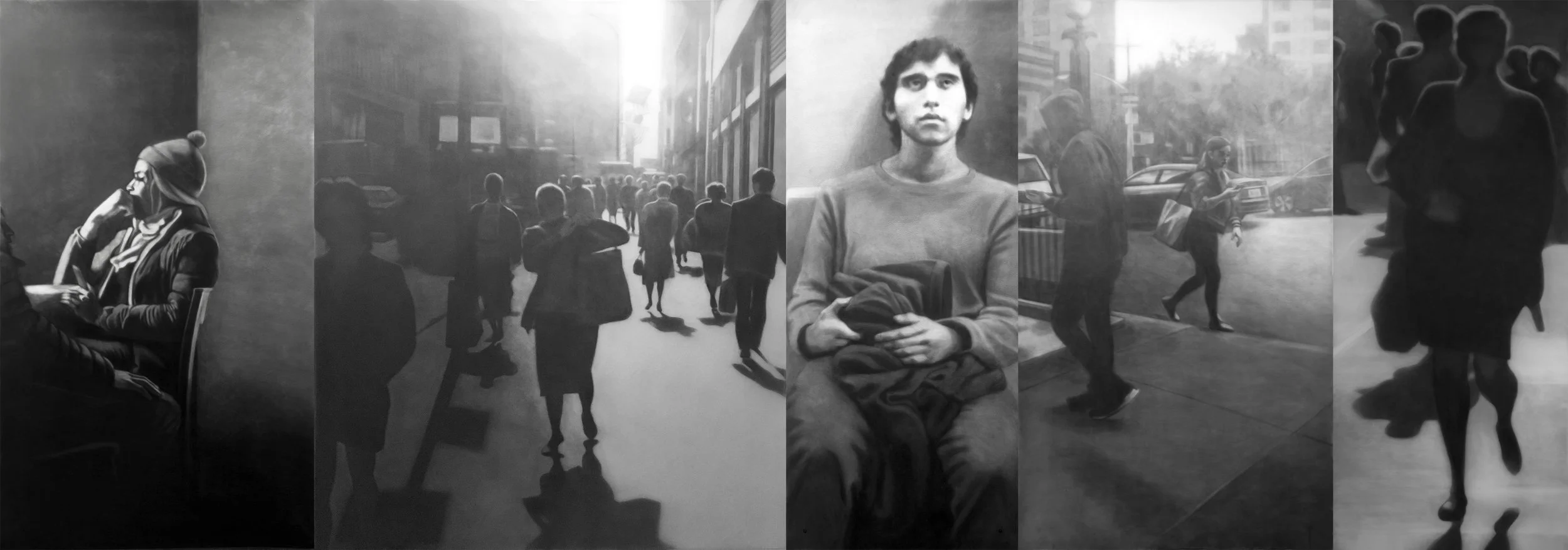 Still, 2020-2023, black India ink painted onto sanded plexiglass, five individual panels, total dimension is 84” x 240”