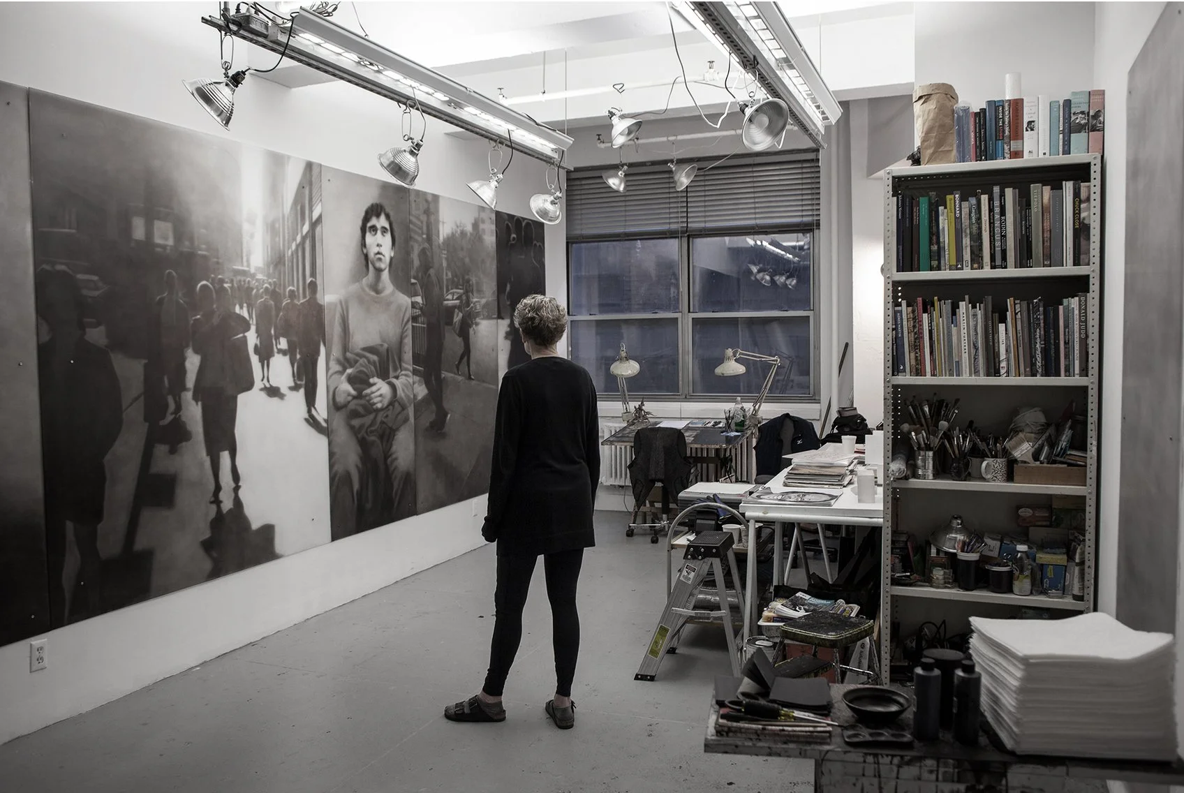 Still (studio shot), 2020-2023, black India ink painted onto sanded plexiglass, five individual panels, total dimension is 84” x 240”