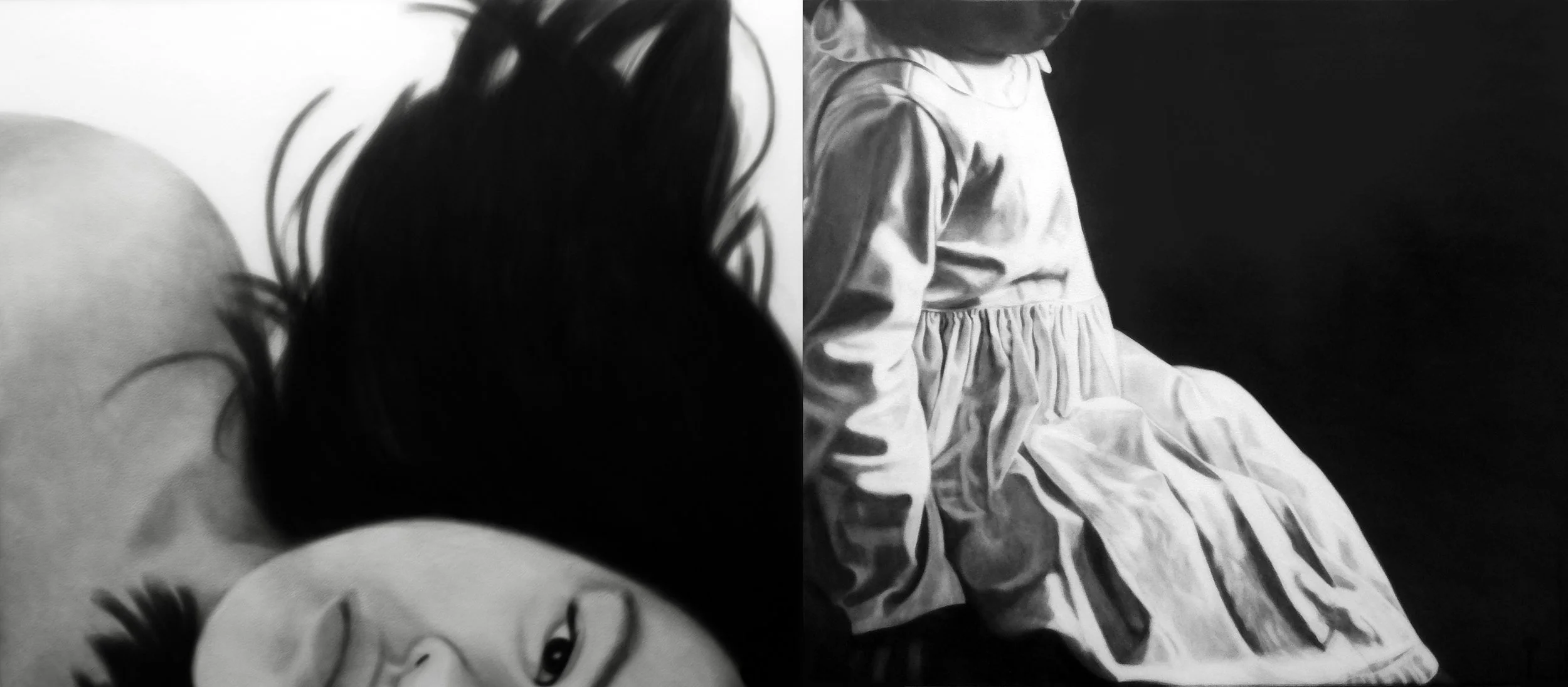 Passage of Daylight, 2023, black India ink painted onto sanded plexiglass, three individual panels, total dimension, 55” x 129”