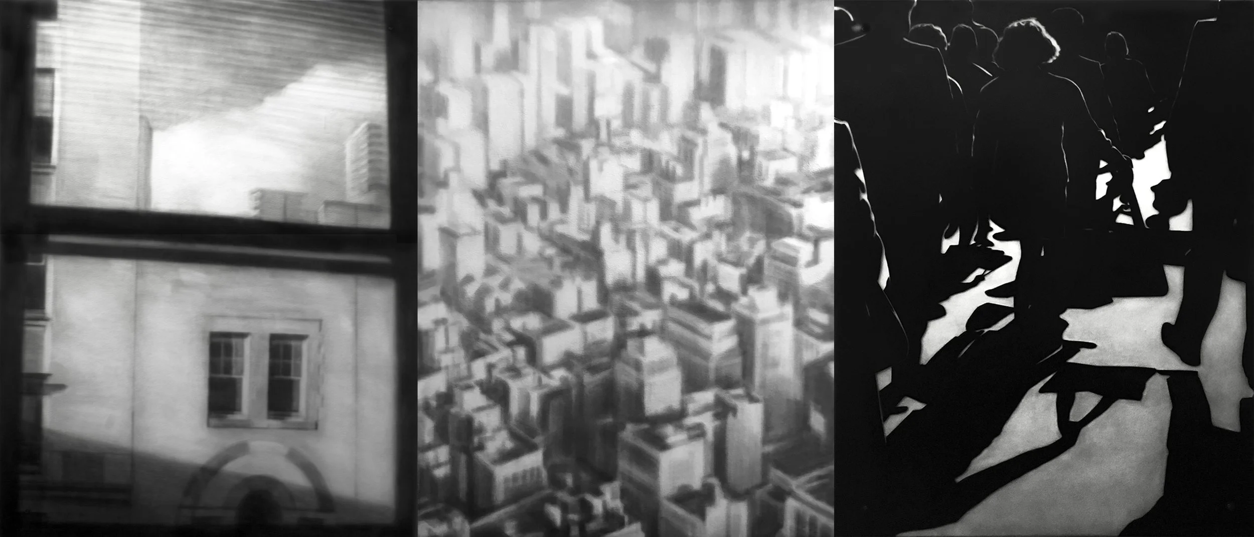 Passage of Daylight 2023, black India ink painted onto sanded plexiglass, three				panels, dimension, 55” x129”