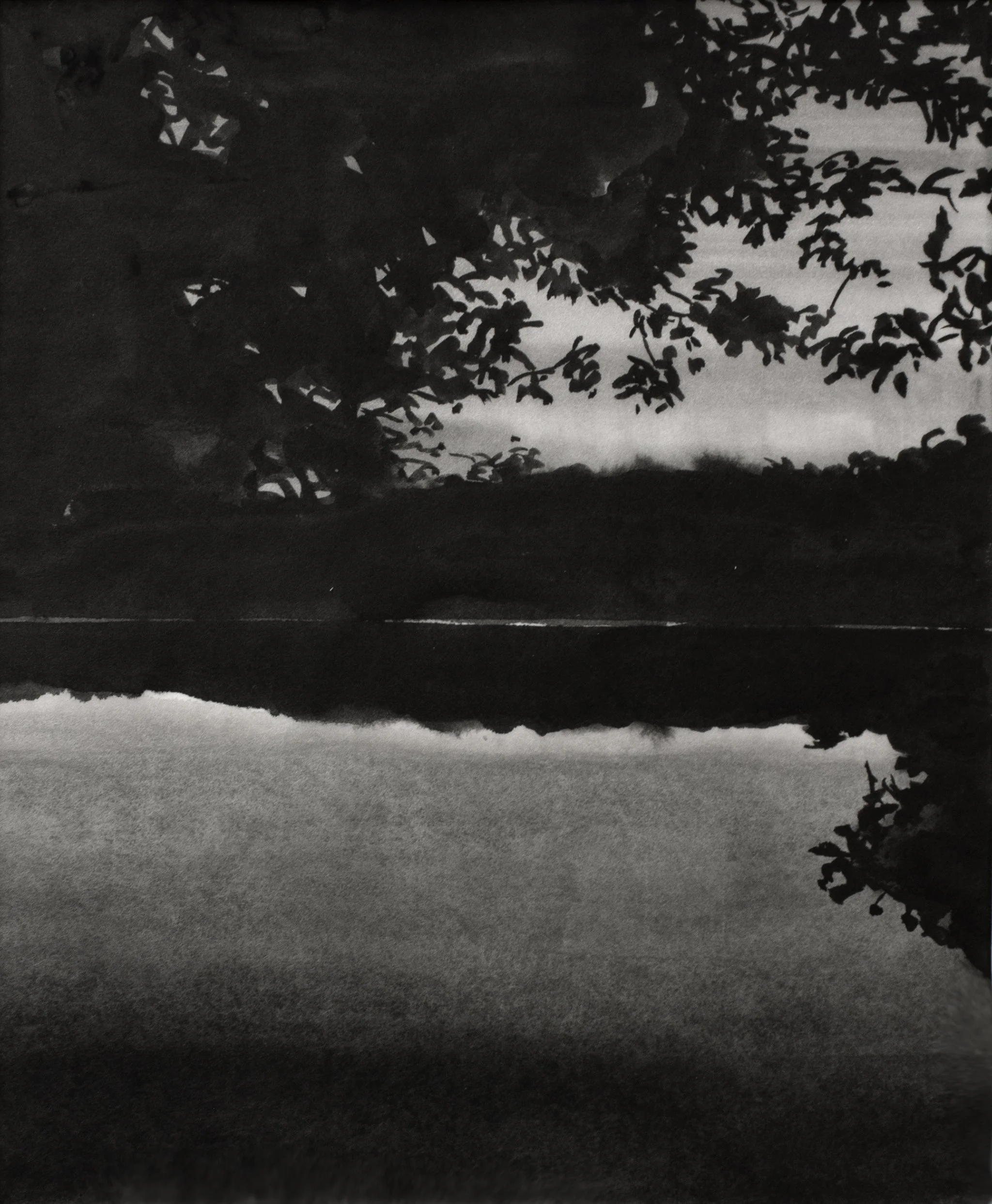 Late Fall, 2025, black India ink painted onto waxed rice paper, 7.5” x 9.5”