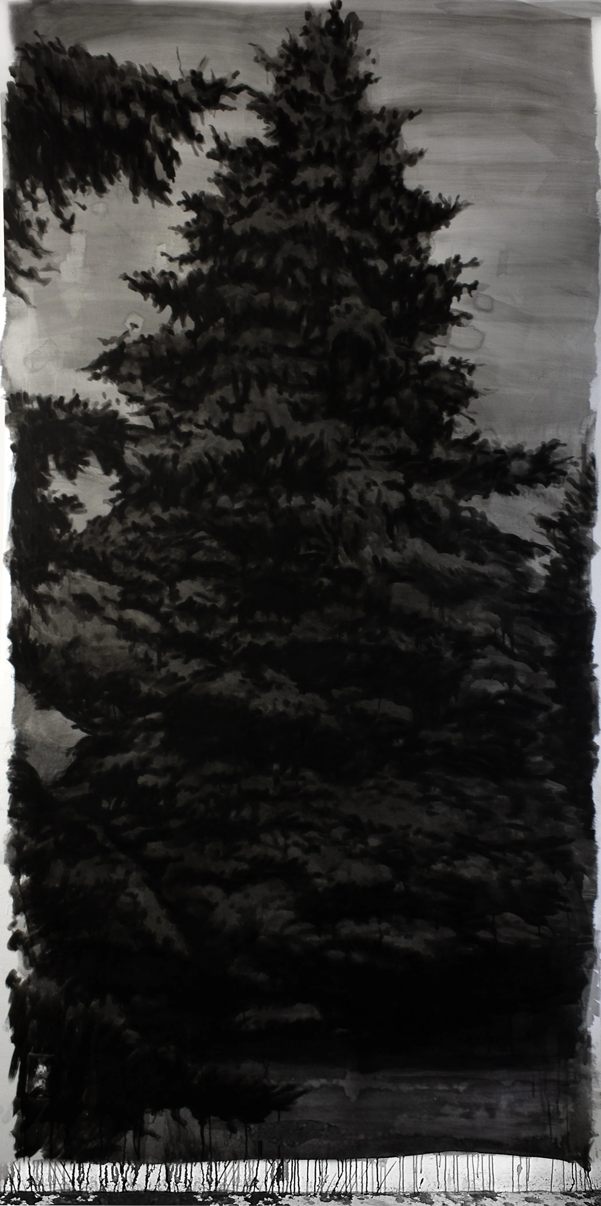 Mid Winter, 2026, mural, black India ink painted directly onto a white sheetrock 				wall, 122” x 62”
