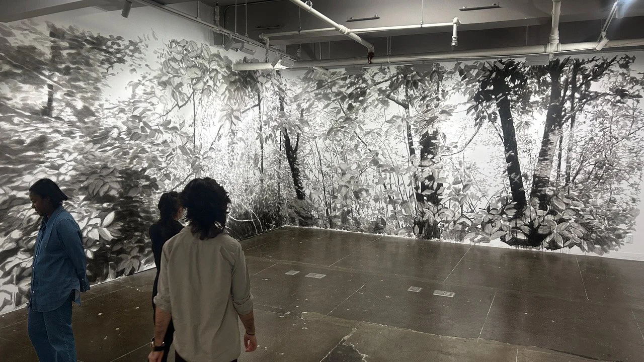 Plain Sense, 2026, mural, black India ink painted directly onto two perpendicular white sheetrock walls, 114” x 439”