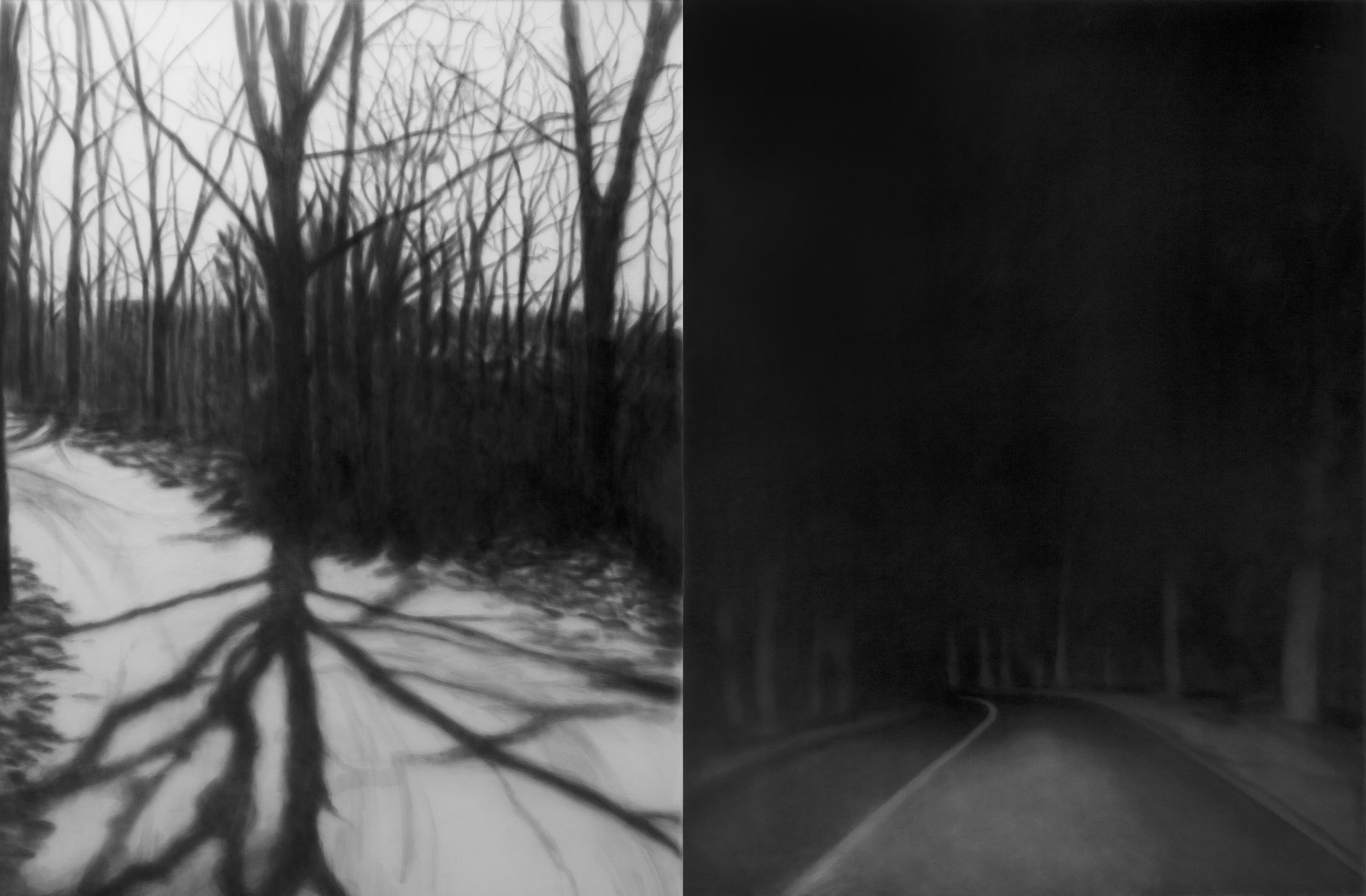 Vanishing Point, 2024, black India ink painted onto sanded plexiglass, two individual panels, total dimension, 55” x 86”