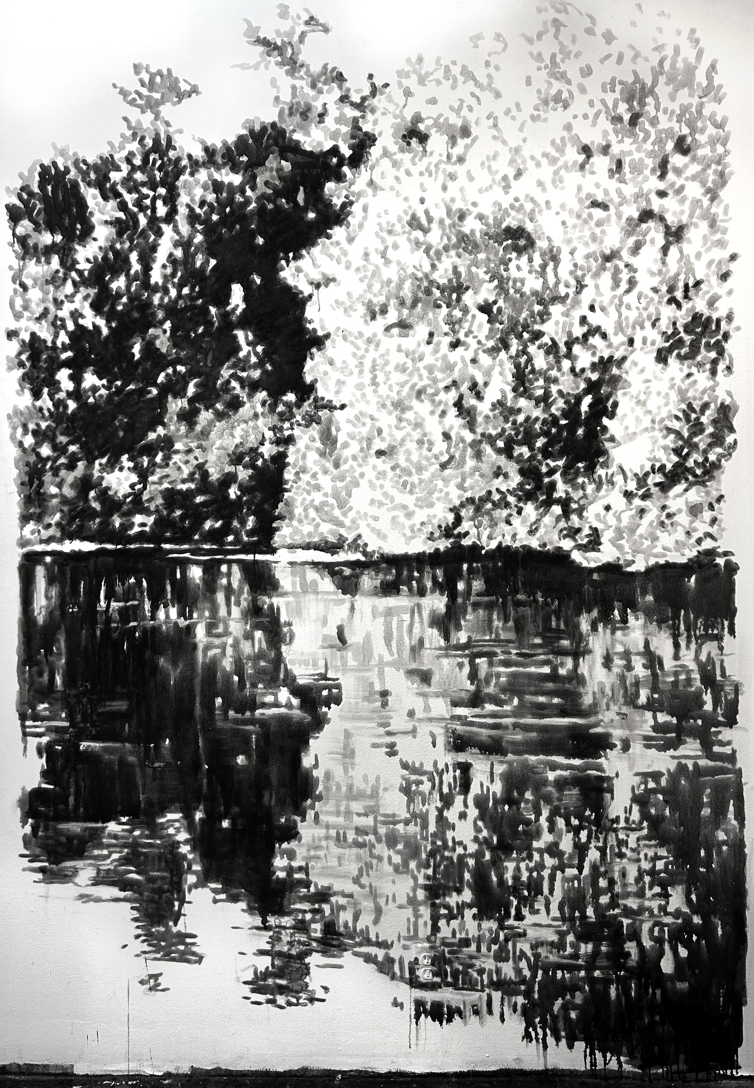 Mid Summer, 2026, mural, black India ink painted directly onto a white sheetrock wall, 75” x 114”