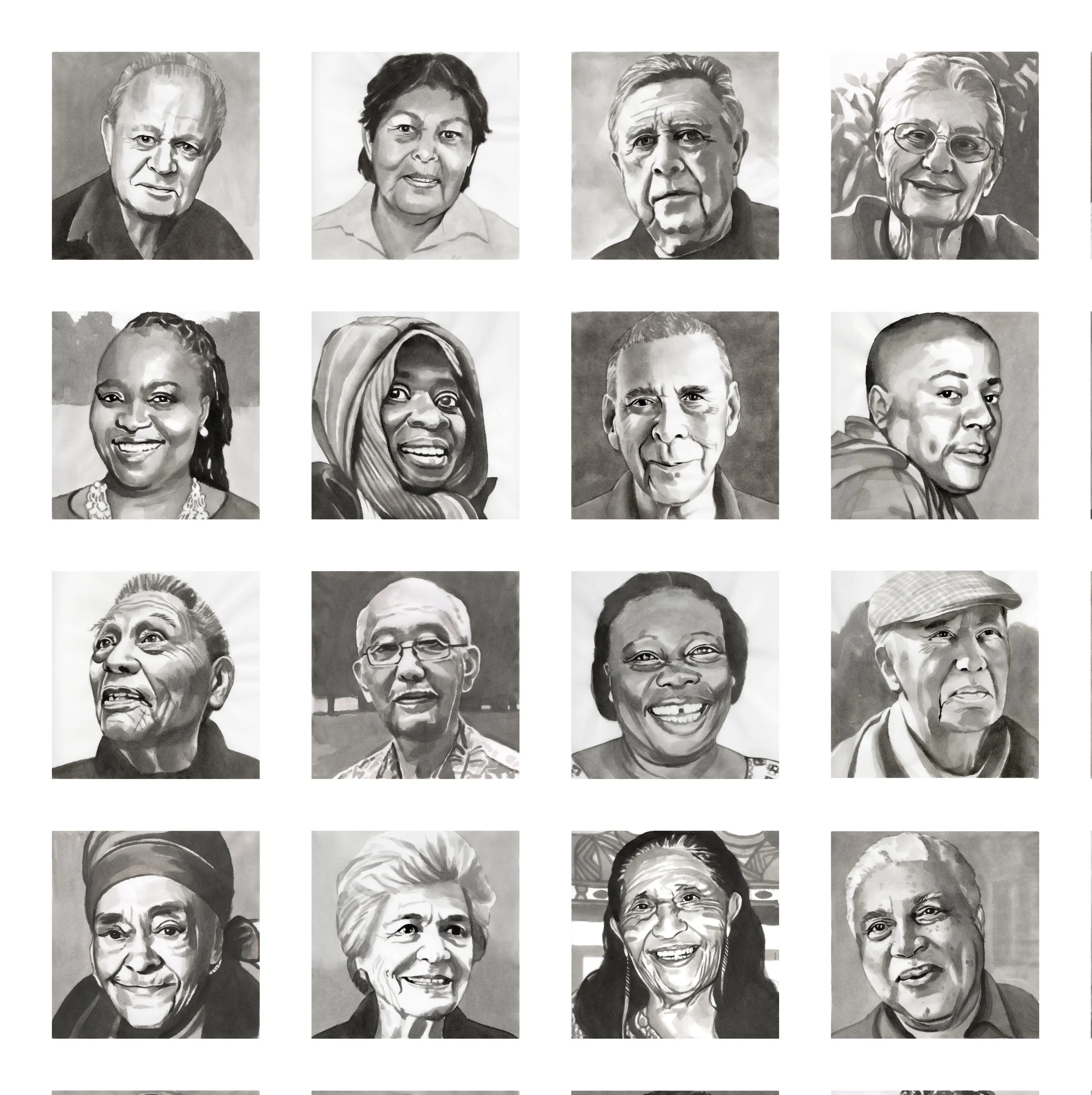 16 of 260 portraits, 2000-2003, black India ink painted onto waxed rice paper, 8” x 8” each