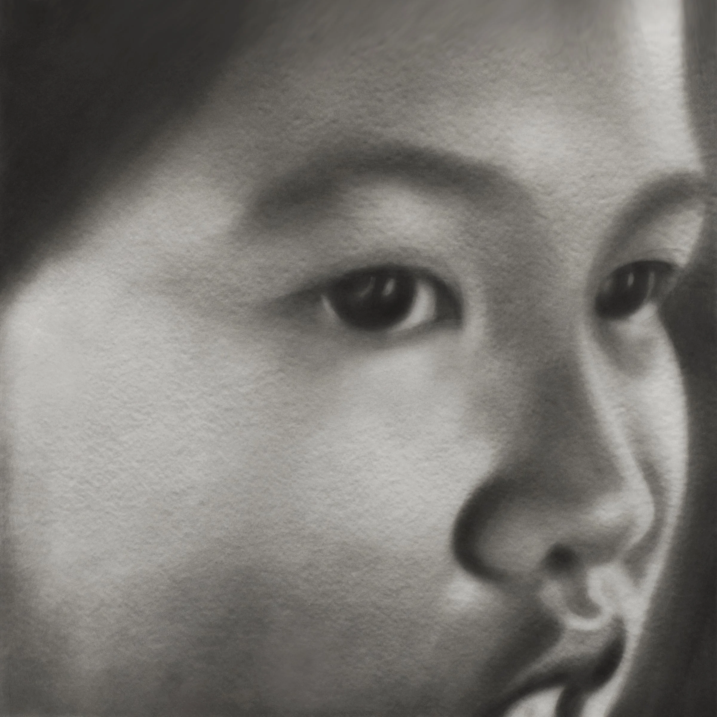 Young Girl, 2016-2018, black India ink painted onto sanded plexiglass, 12” x 12”