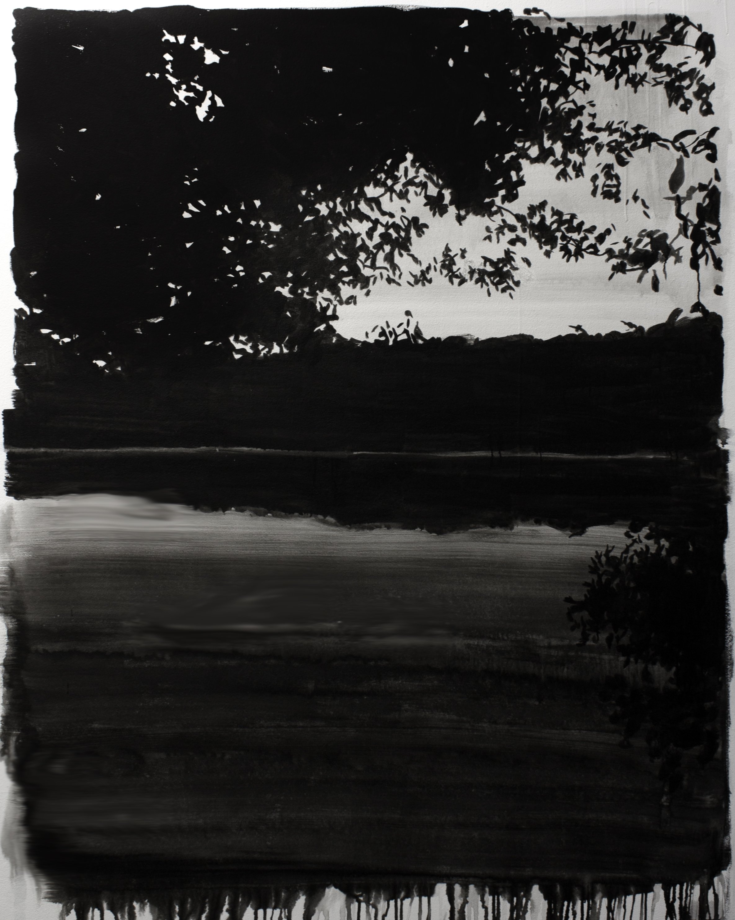 Late Fall, 2025, mural, black India ink painted directly onto a white sheetrock wall, 61” x 84”