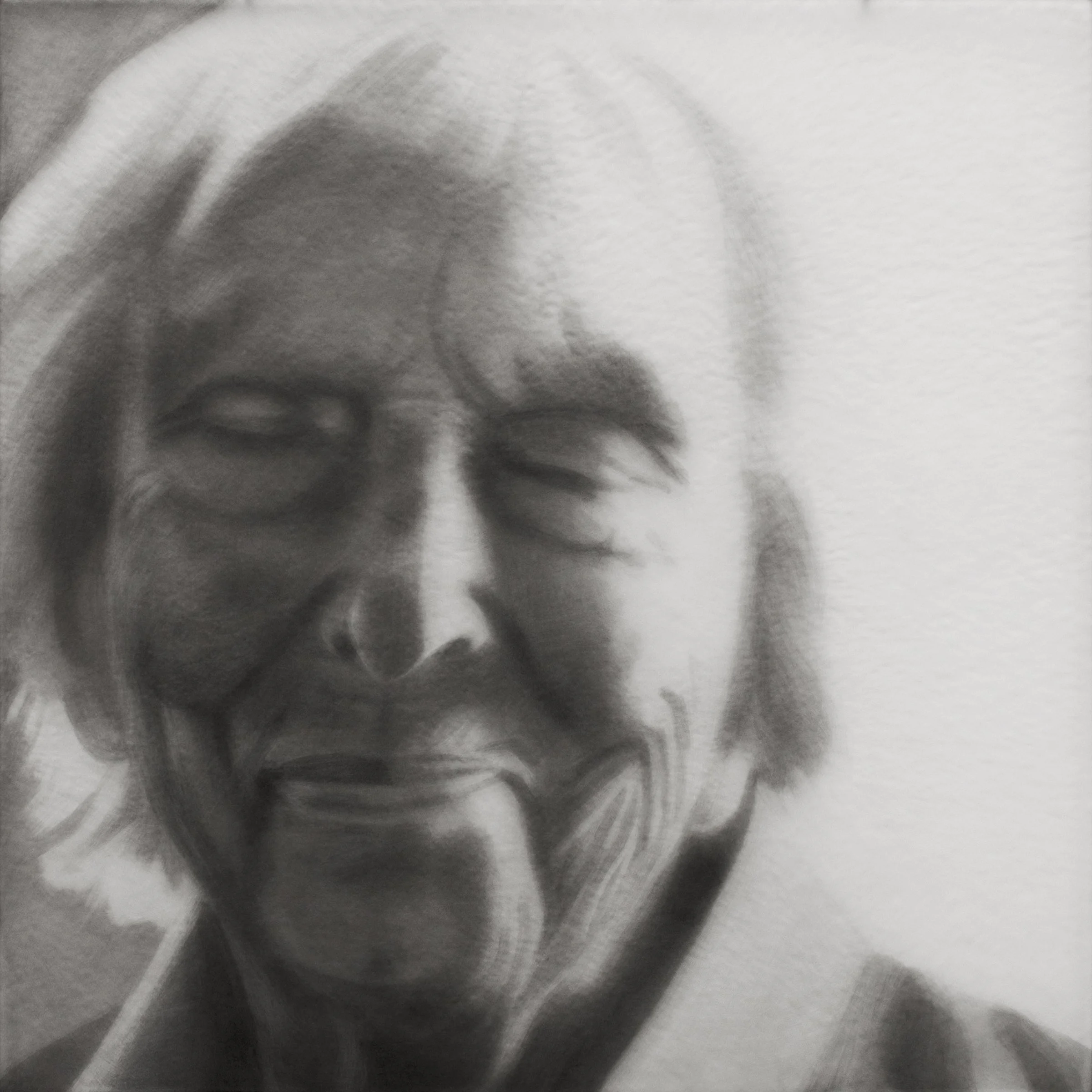 Old Woman, 2016-2018, black India ink painted onto sanded plexiglass, 12” x 12”