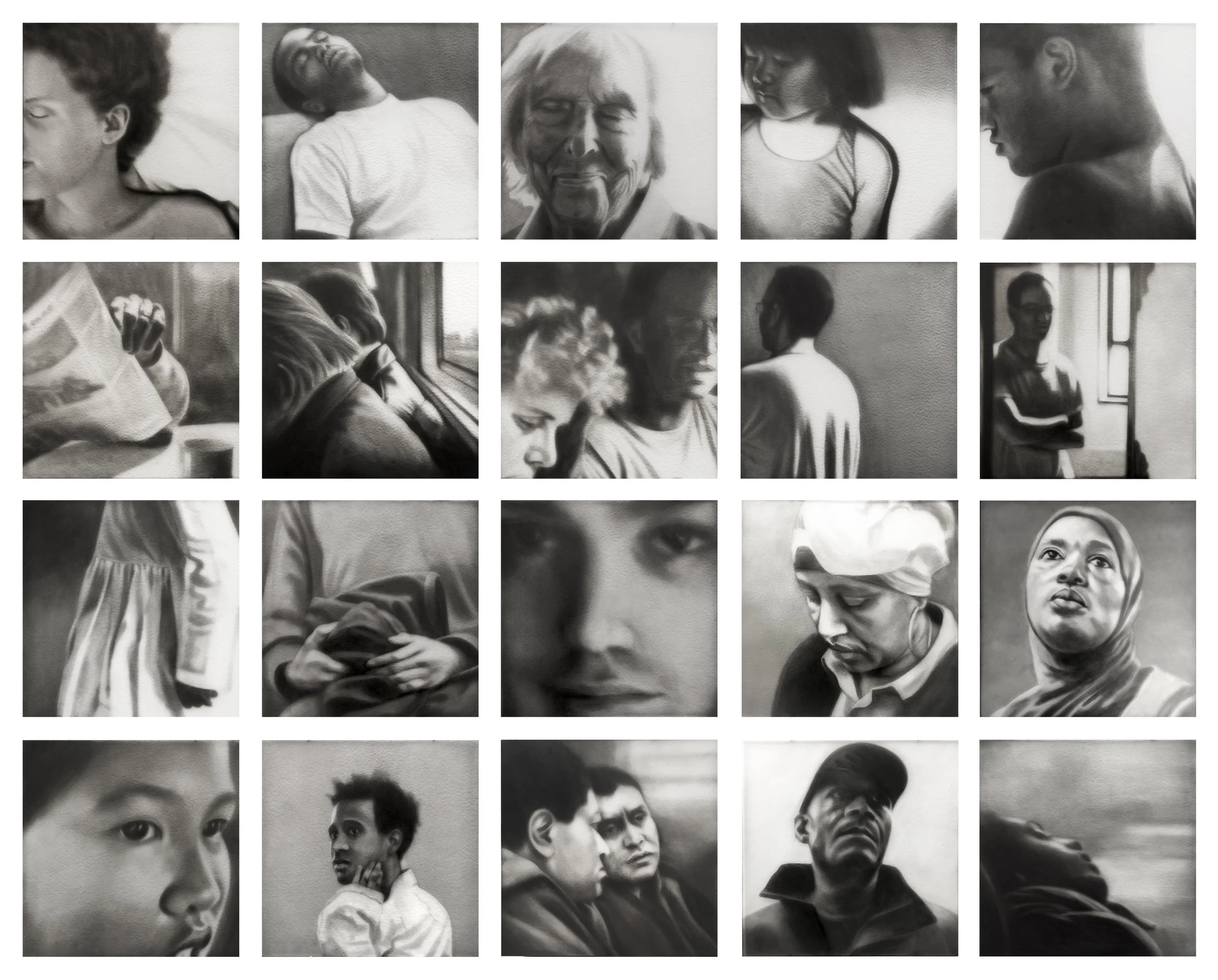 Portrait, 2016-2018, black India ink painted onto sanded plexiglass, 20 individual 12” square pieces separated 3” apart, total dimension, 57” x 72”