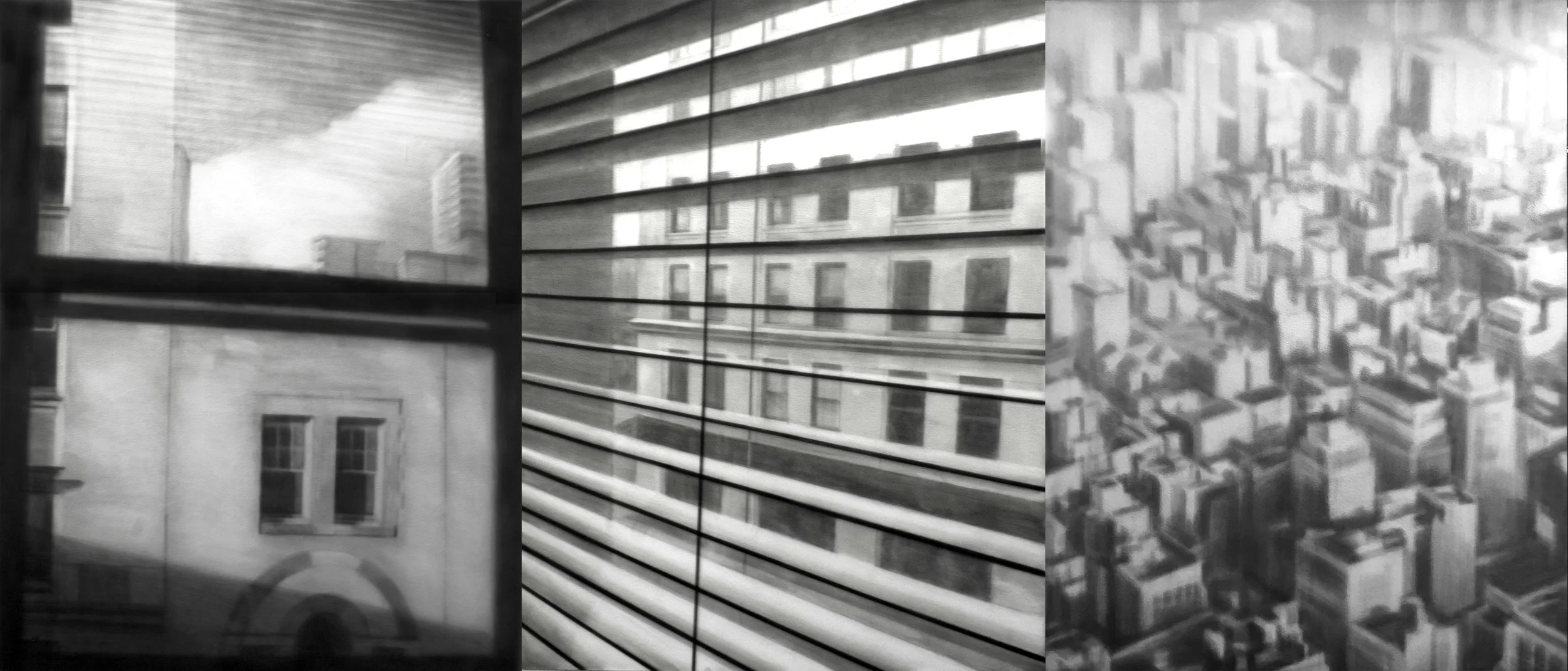 City Light, 2026, black India ink painted onto sanded plexiglass, eleven panels, 				dimension, 55” x 458”