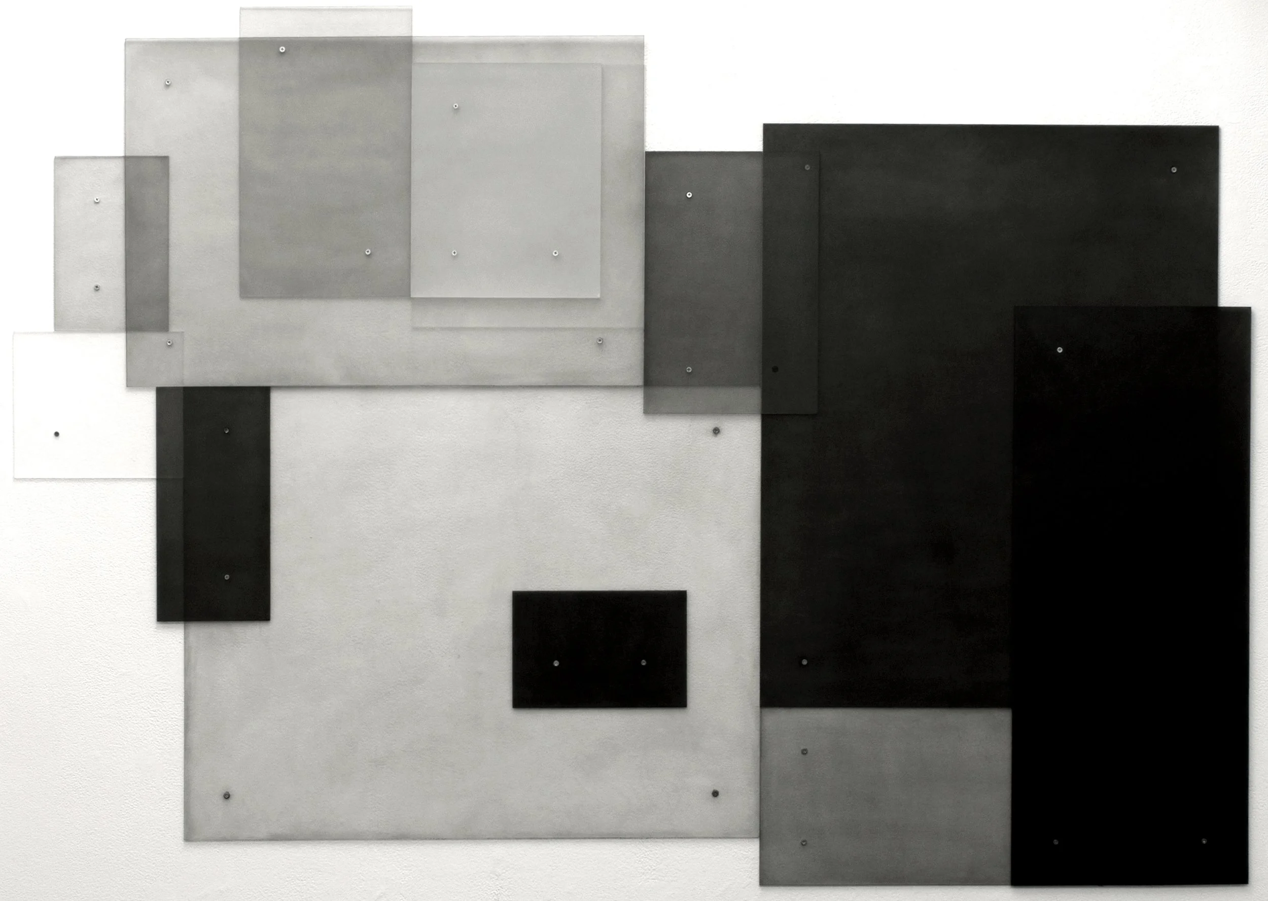 The Sitting Room, 2017, black India ink painted onto sanded plexiglass, 14 individual pieces of varying size, total dimension, 57” x 88”