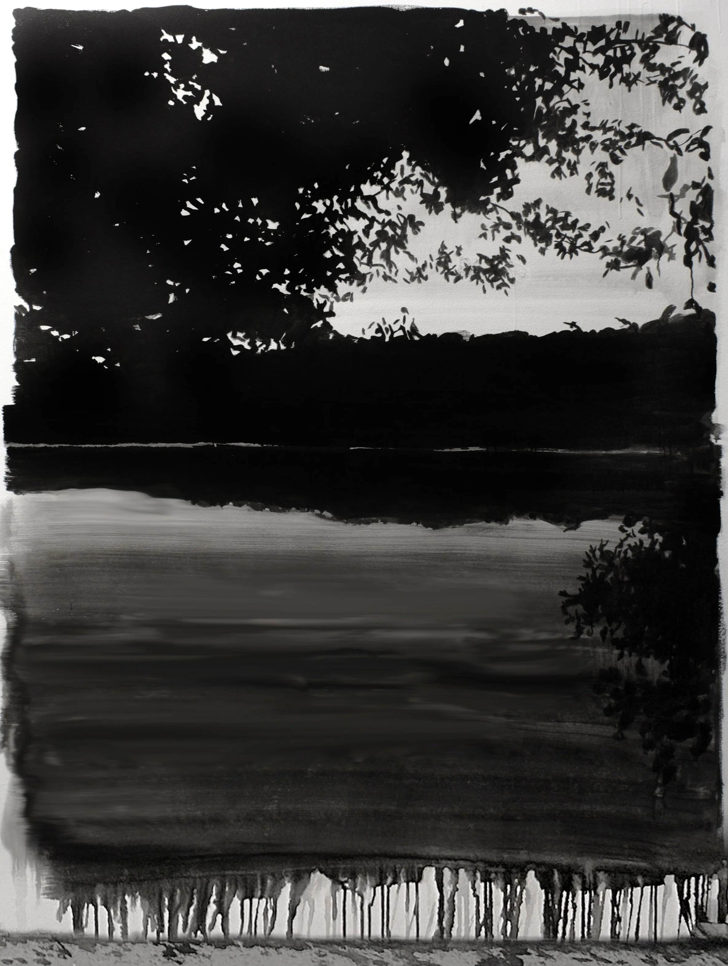 Late Fall, 2025, mural, black India ink painted directly onto a white sheetrock wall, 84”x61”
