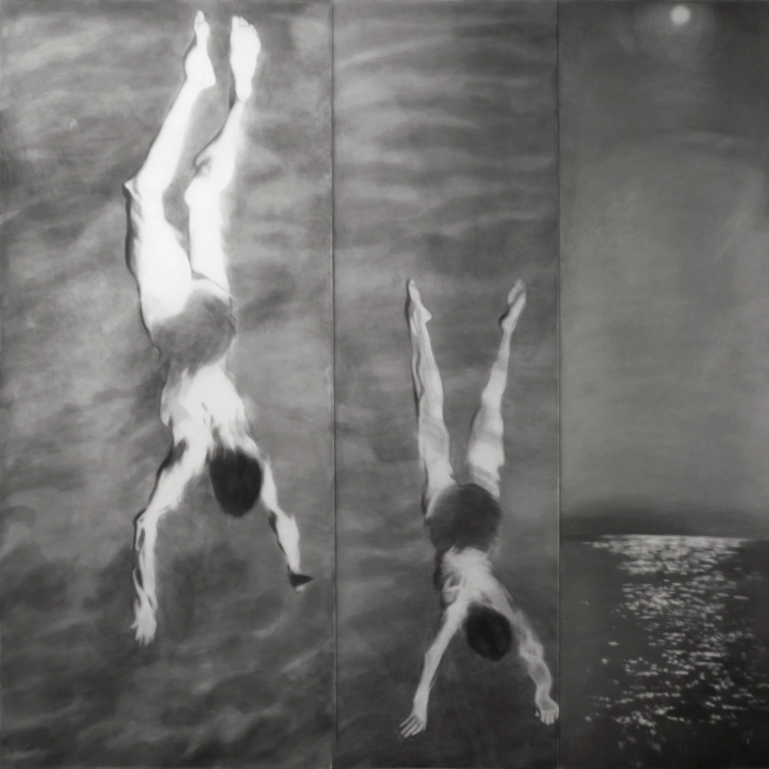 Weightless, 2023, black India ink painted onto sanded plexiglass, three individual panels, total dimension, 84” x 84”
