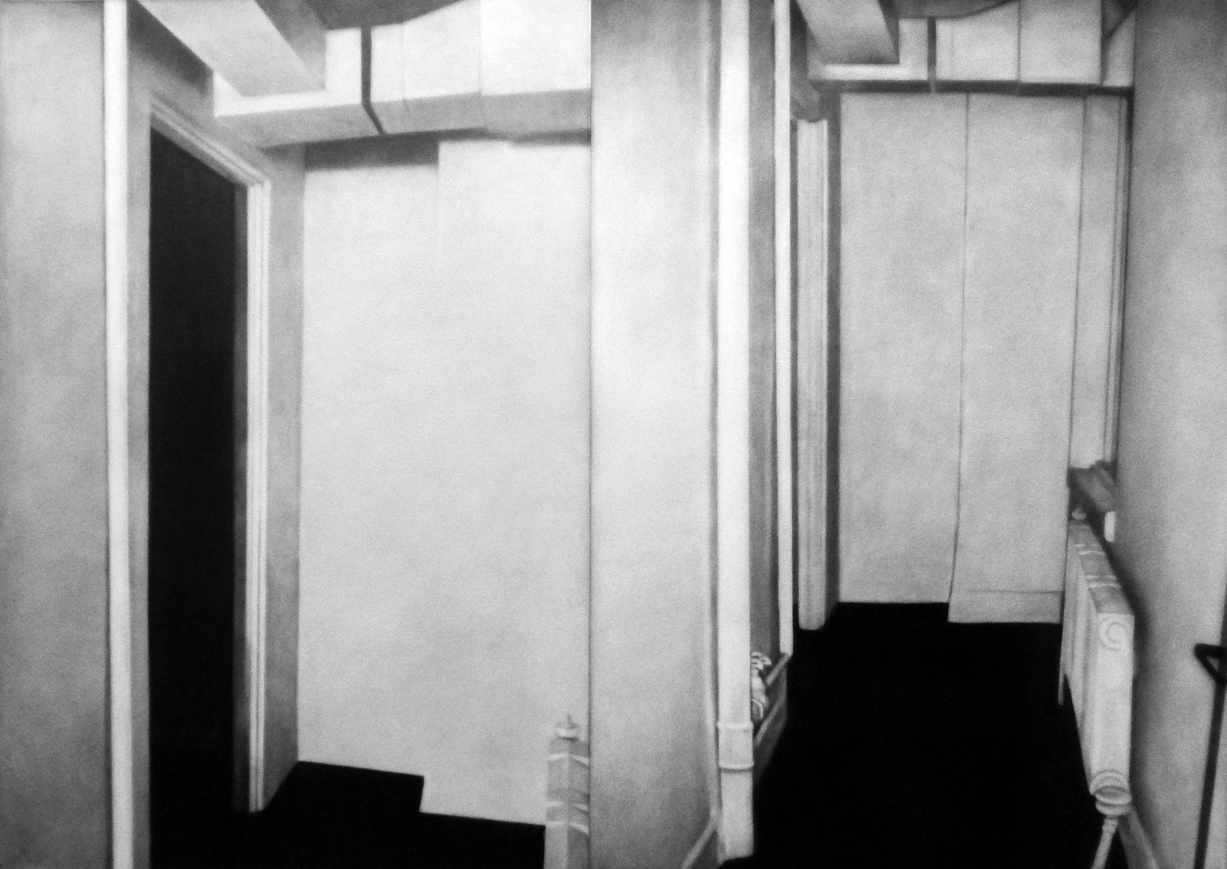 Interior Hall, 2023, black India ink painted onto sanded plexiglass, two individual panels, total dimension, 60” x 84”