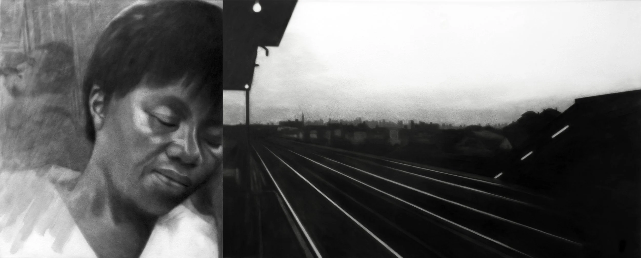 Train Dream, 2024, black India ink painted onto sanded plexiglass, two individual panels, total dimension, 41” x 97”