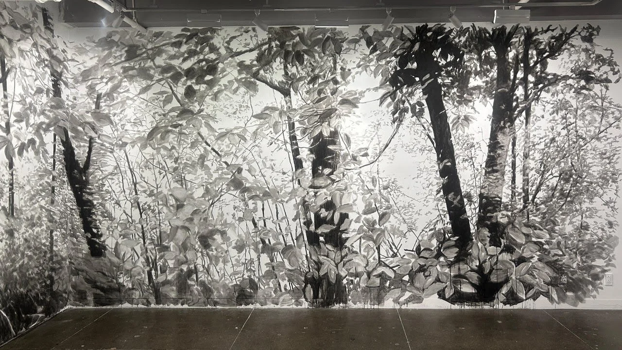 Plain Sense, right side, 2026, mural, black India ink painted directly onto two perpendicular white sheetrock walls, 114” x 228”