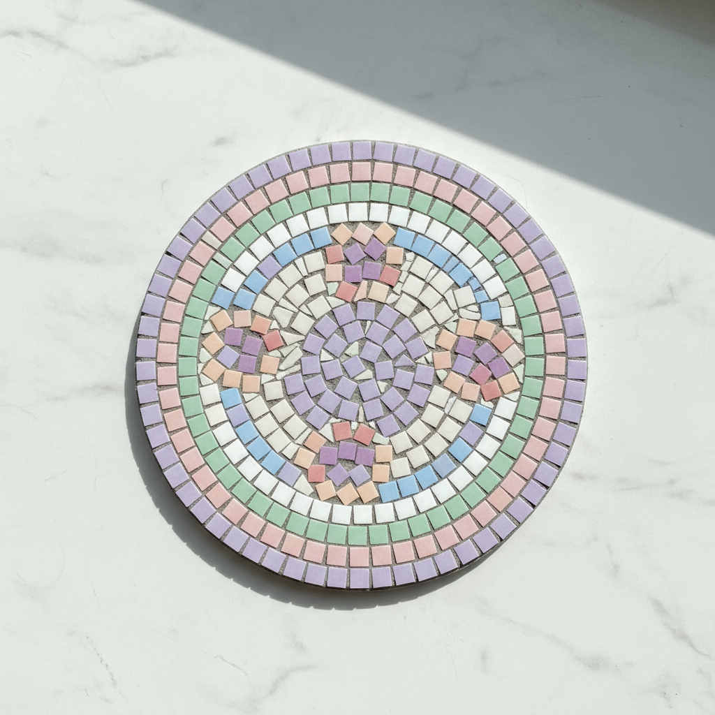 DIY Bunte Mosaikteller mit Pastellfarben in einem Kreis auf weißer Marmorfläche