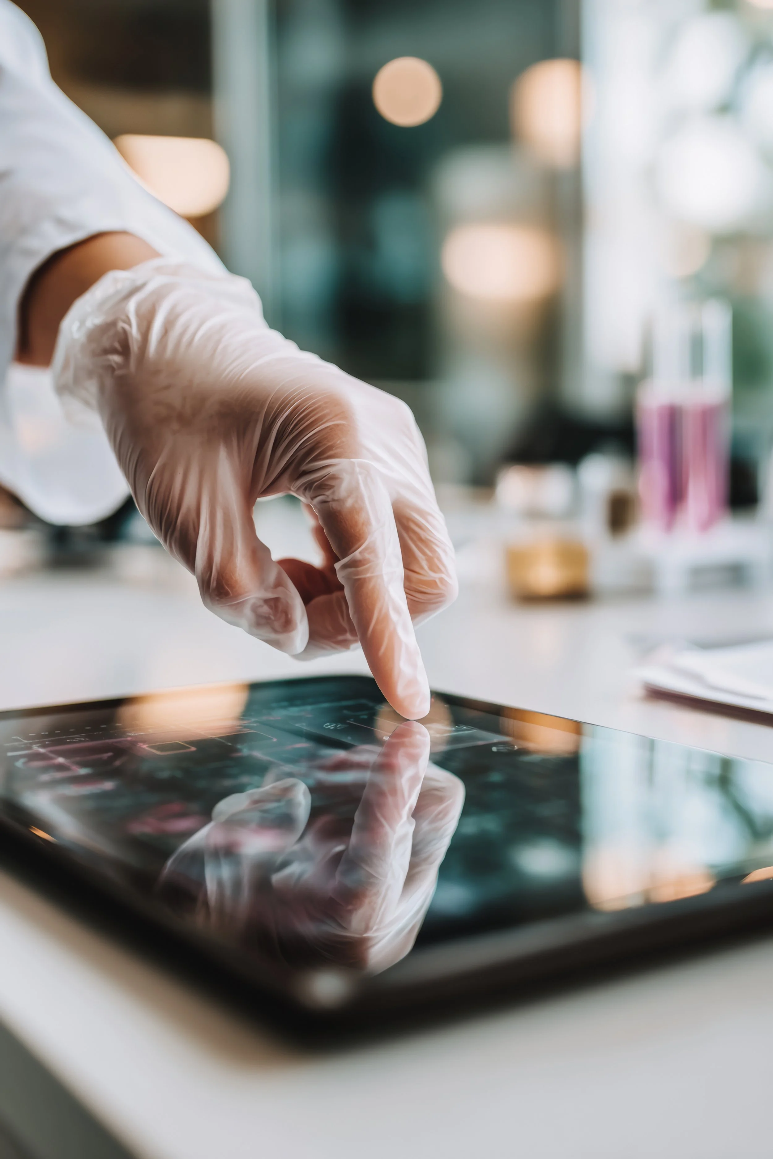 A person wearing a white glove using a tablet device in a laboratory or clinical setting.