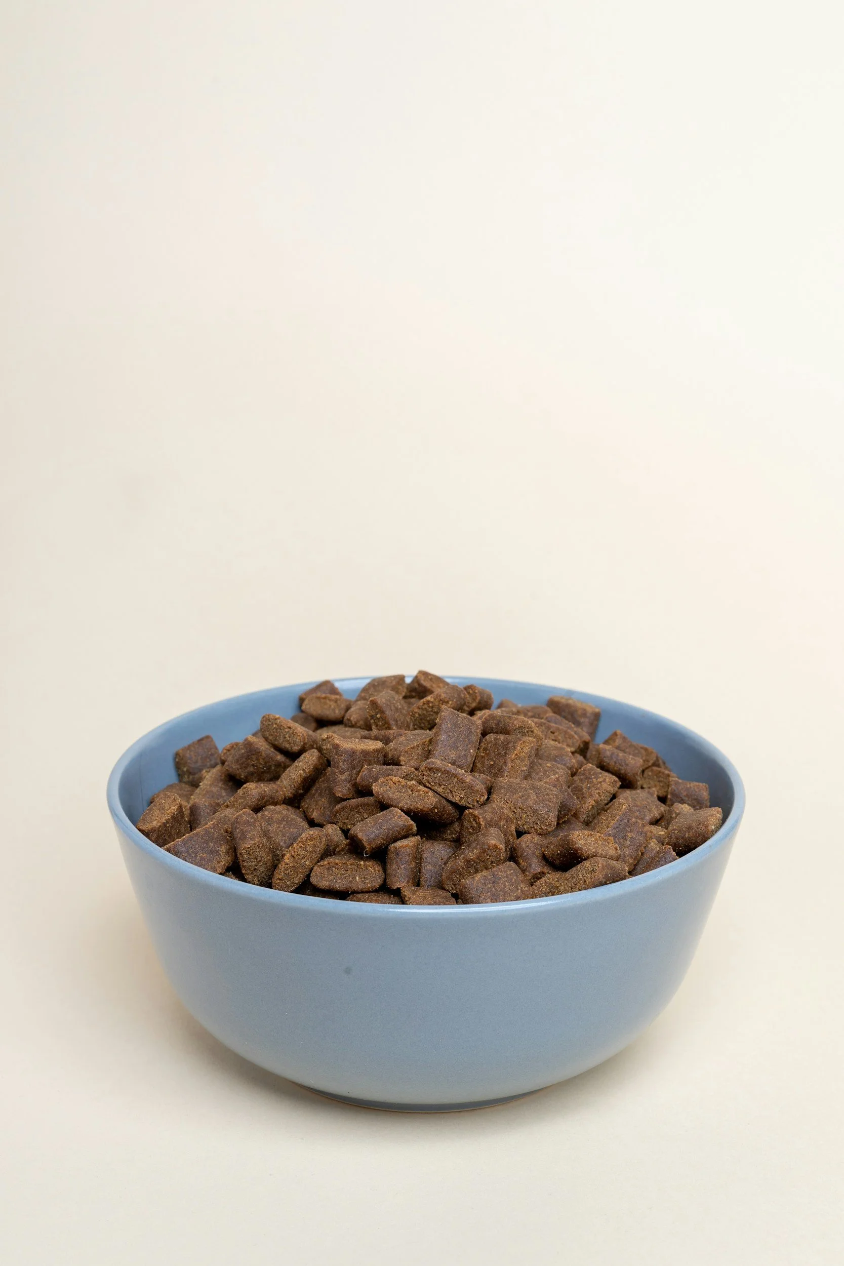 A blue bowl filled with small, brown, square-shaped dry dog food pieces on a plain white background.