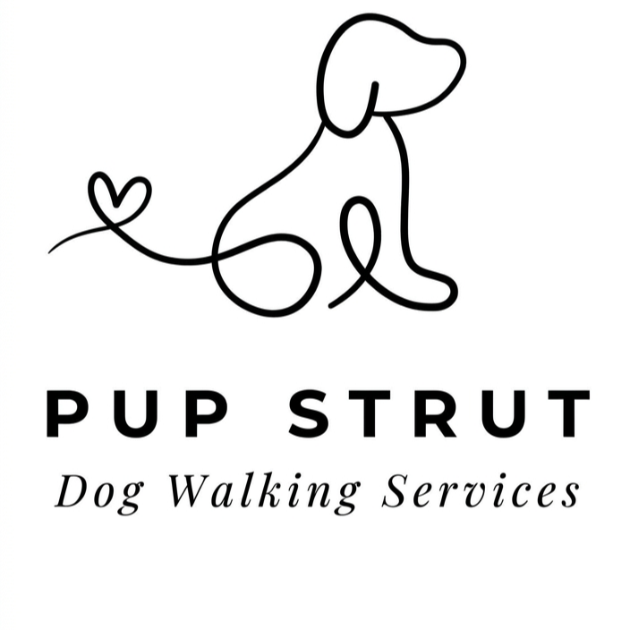 A logo featuring a line drawing of a sitting dog with a heart-shaped tail, with the text 'Pup Strut' and 'Dog Walking Services' below.