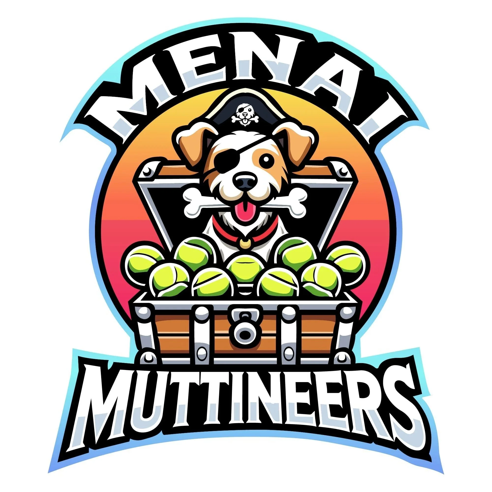 Logo of Mutineers with a dog wearing an eyepatch in front of a gold arch with tennis balls at the bottom.