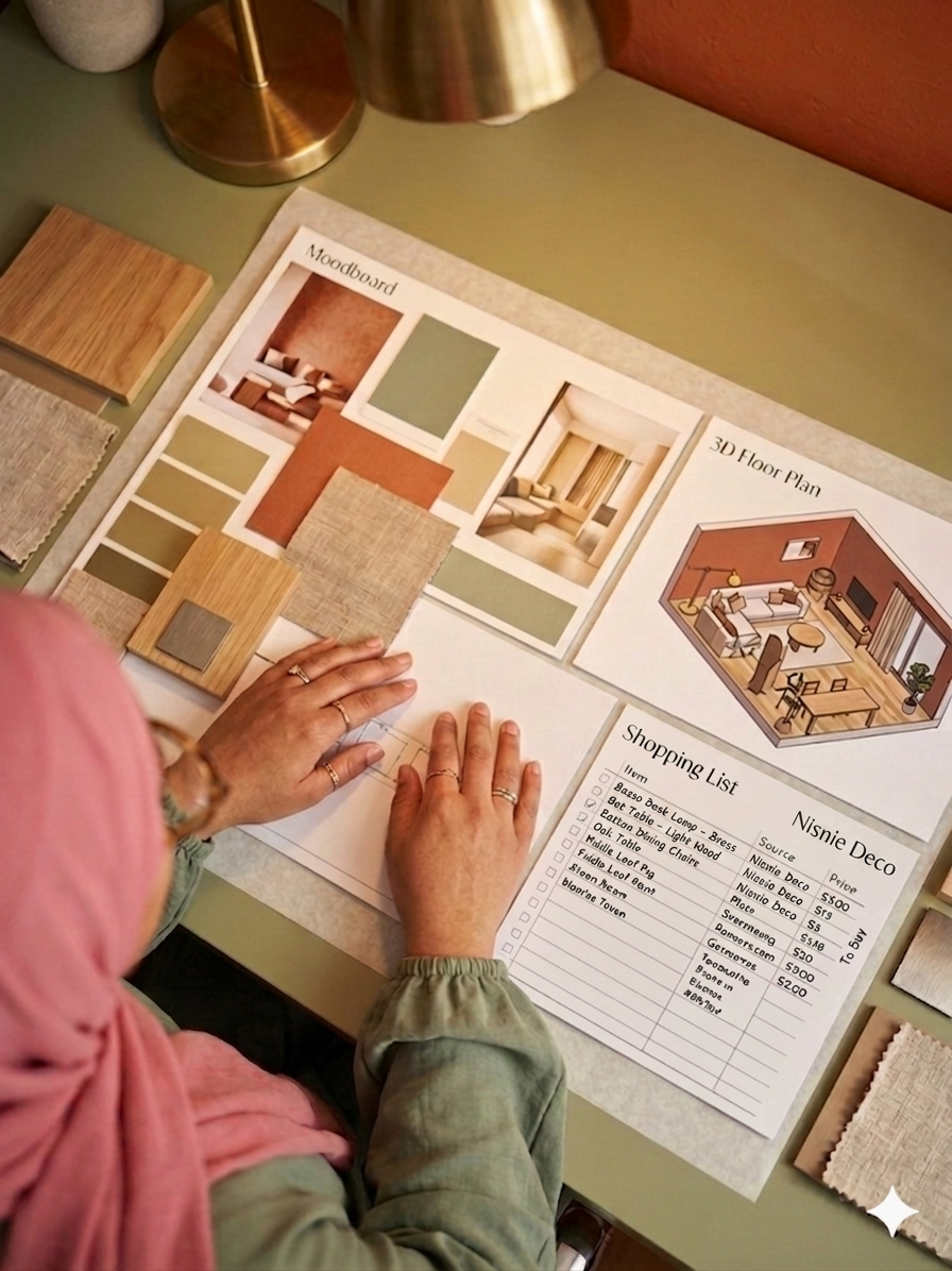 Table de travail avec un moodboard, un plan d'étage en 3D, une liste de shopping et des échantillons de matériaux et de tissus, en préparation pour la décoration d'un intérieur.