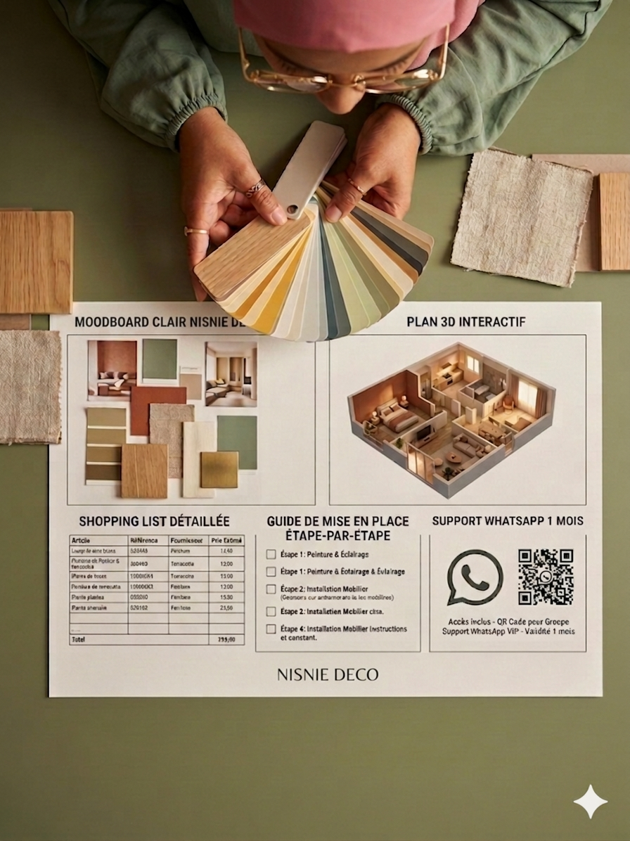 Une personne regarde un échantillon de couleurs de peinture à l'aide d'une palette de couleurs dans un environnement intérieur. Sur la table, il y a une fiche avec des plans de décoration, une liste d'achats détaillée, une brochure pour une étape de mise en place de mobilier, un code QR et un logo WhatsApp pour support.
