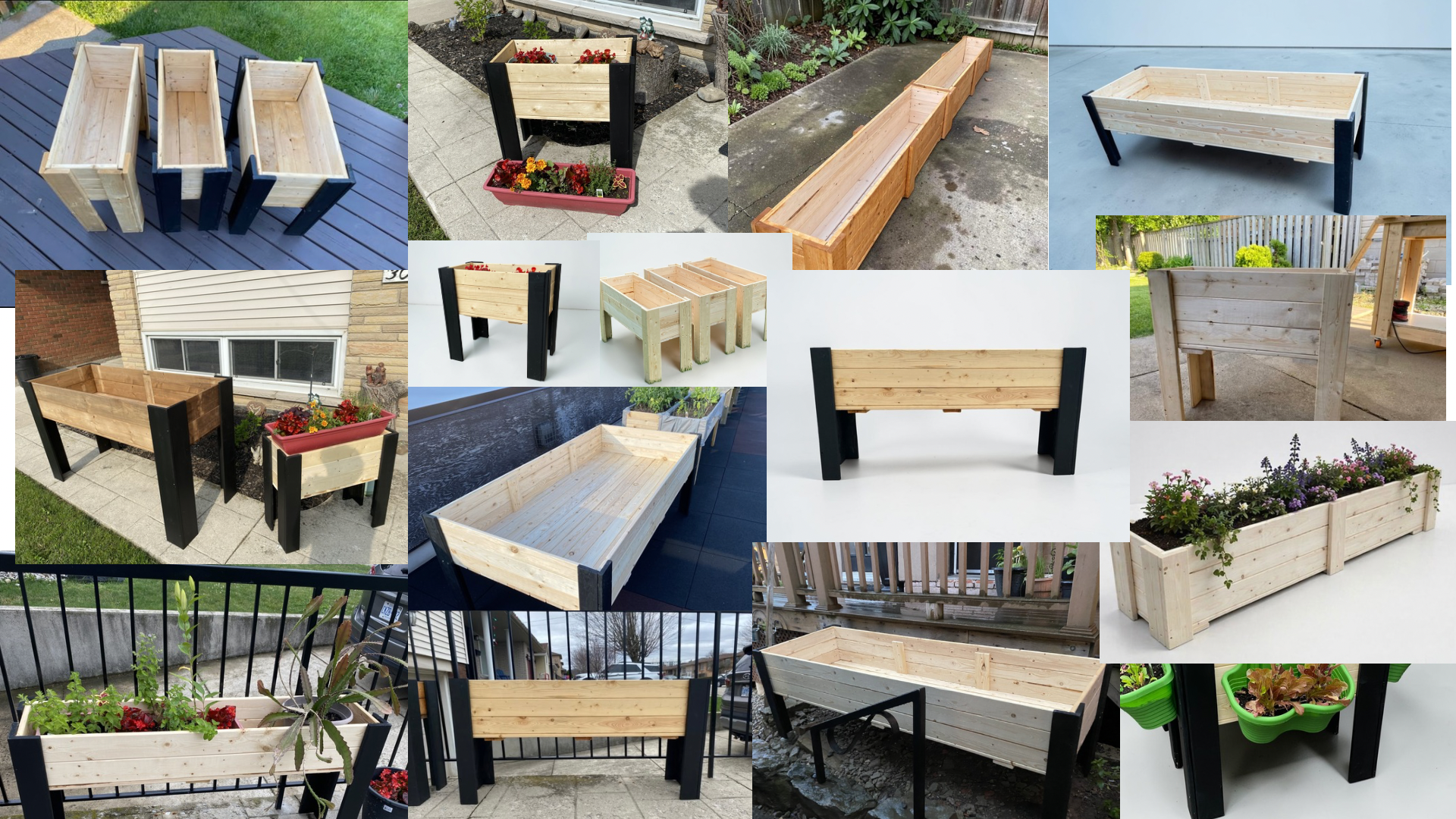 Various images of wooden planters of different sizes and designs, some painted black, some natural wood, spruce wood, placed outdoors on patios, gardens, or porches, with some containing plants and flowers.