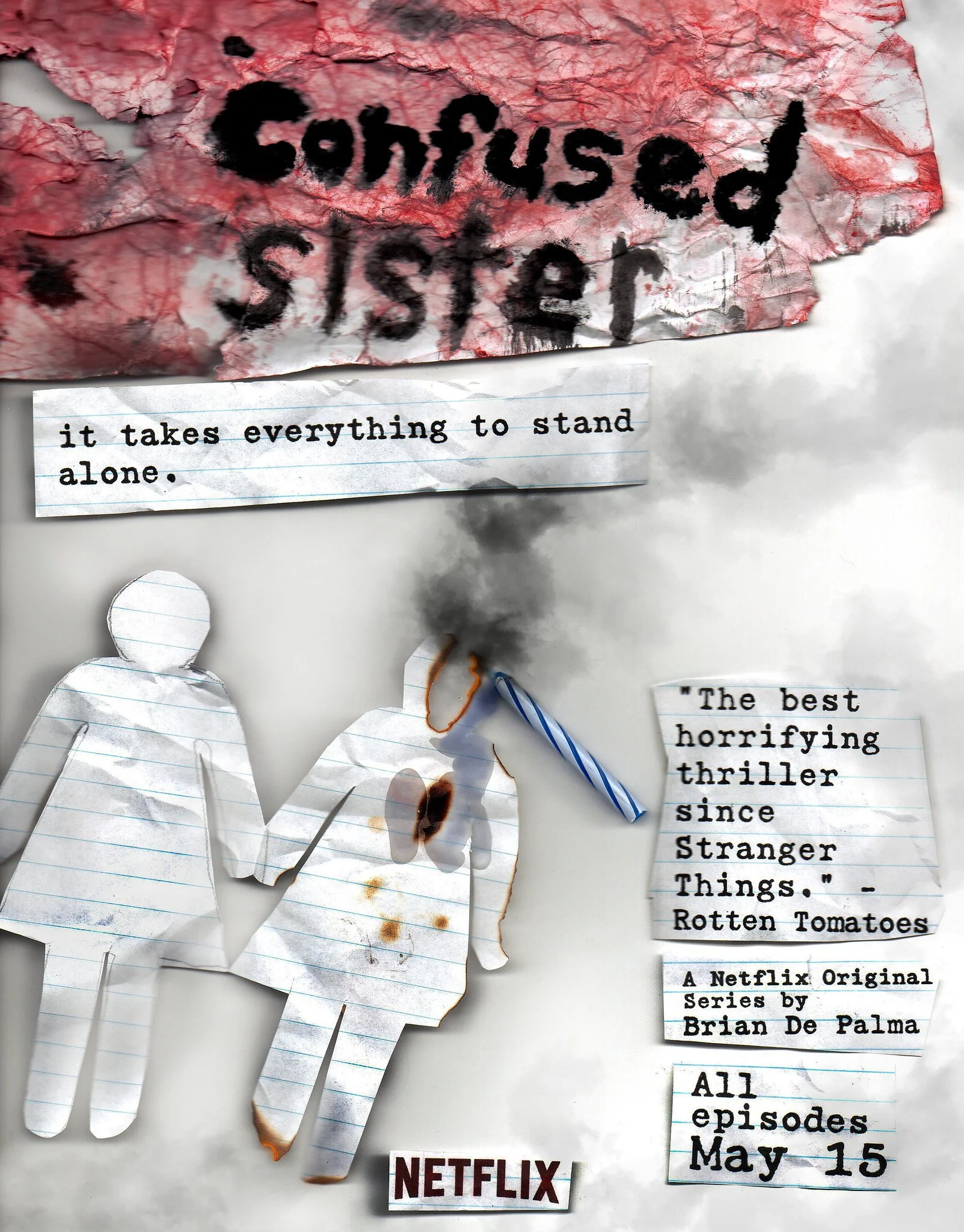 A collage featuring torn paper with handwritten and printed texts, a paper cutout of two people holding hands, and burnt matches with smoke. The top torn paper says 'confused sister' in a burned style. The handwritten note reads, 'it takes everything