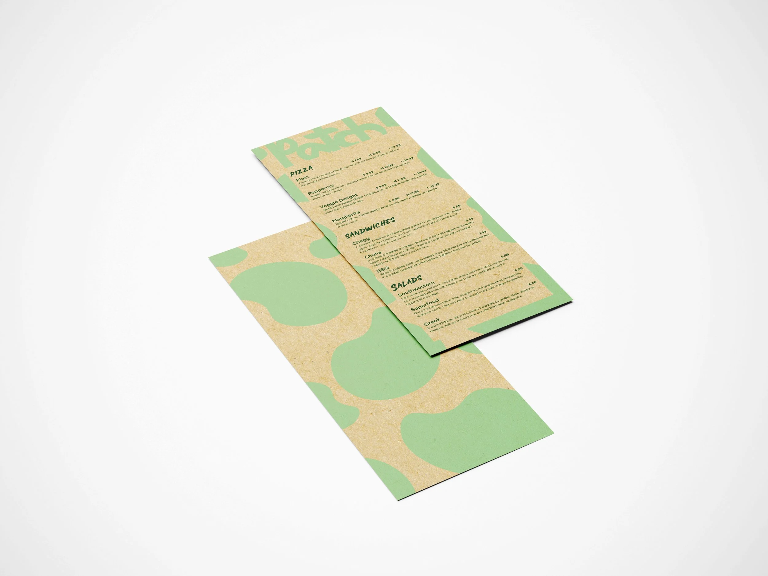 A two-sided restaurant menu with green and beige design, showing food categories like pizza, sandwiches, and salads.