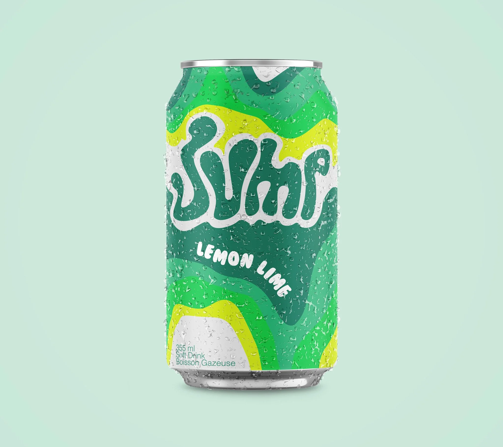 Can of Sprite Lemon Lime soda with condensation droplets, label featuring green, yellow, and white colors.