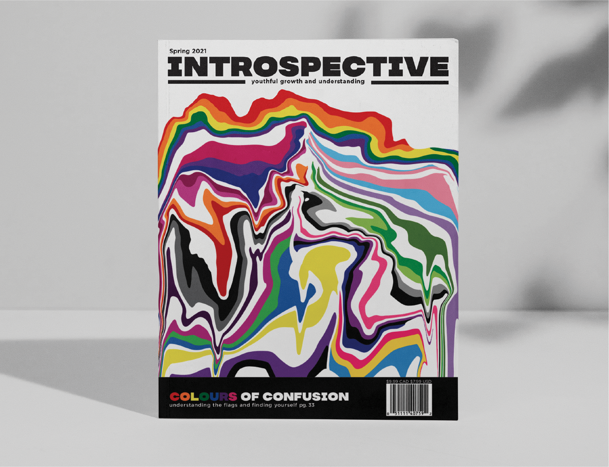 Cover of a magazine titled 'Introspective' with a colorful, swirling, abstract pattern on the cover, published in Spring 2021. The subtitle reads 'youthful growth and understanding,' and the feature title is 'Colours of Confusion'.