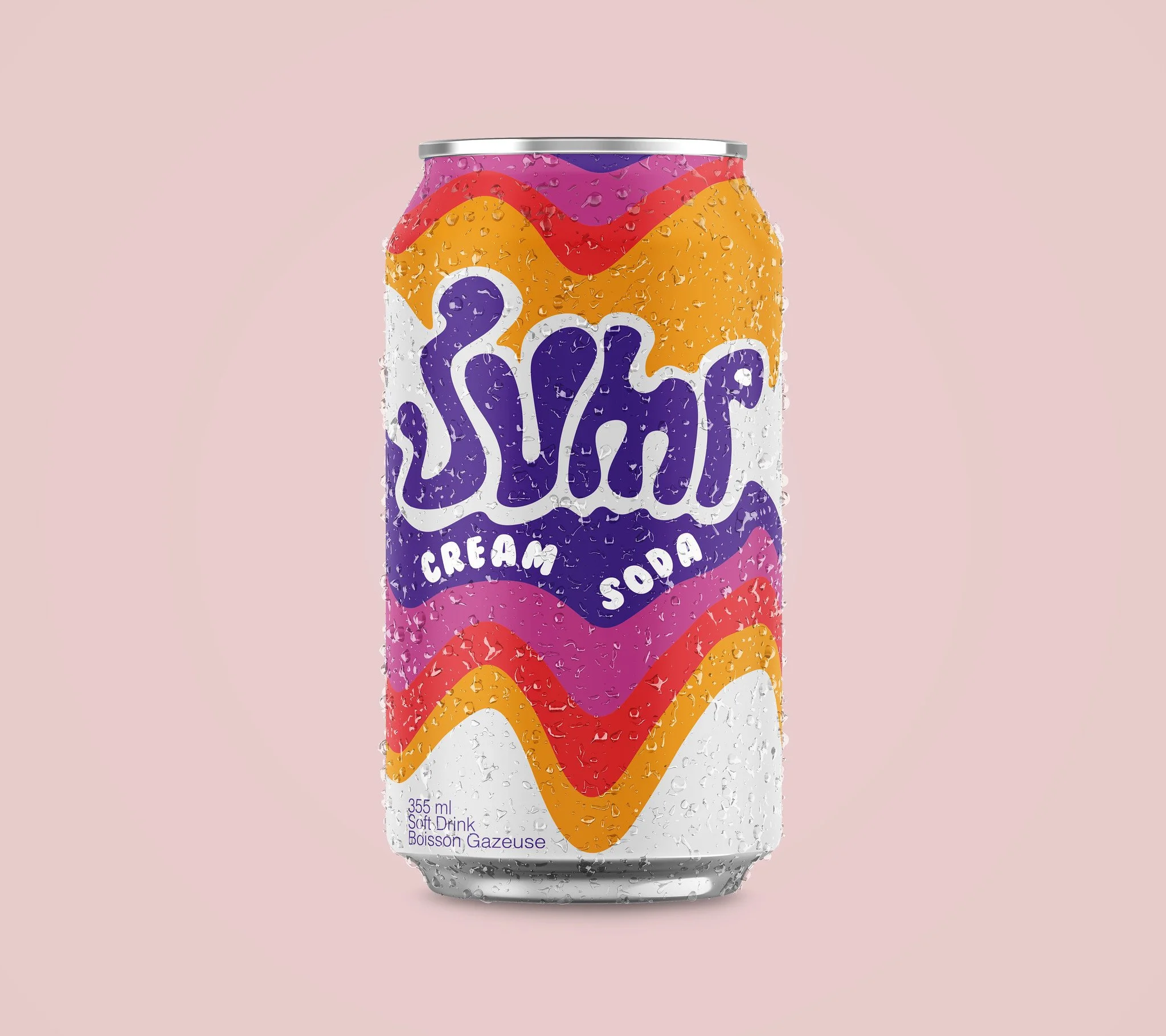 A can of cream soda with colorful, abstract wavy design and water droplets on the surface, set against a pink background.