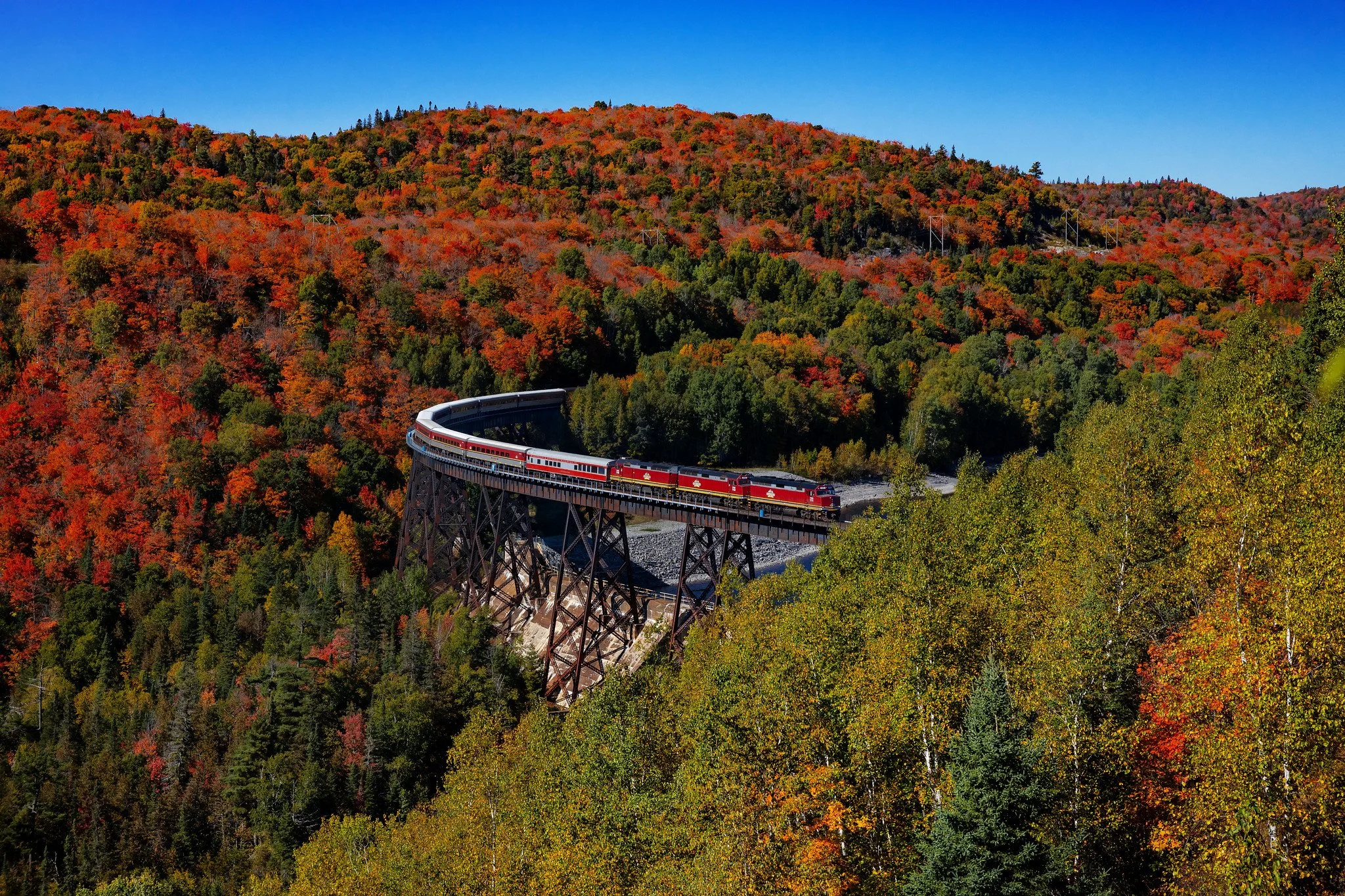 A train crossing a tall iron bridge in a forested area with colorful fall foliage on the hills.
