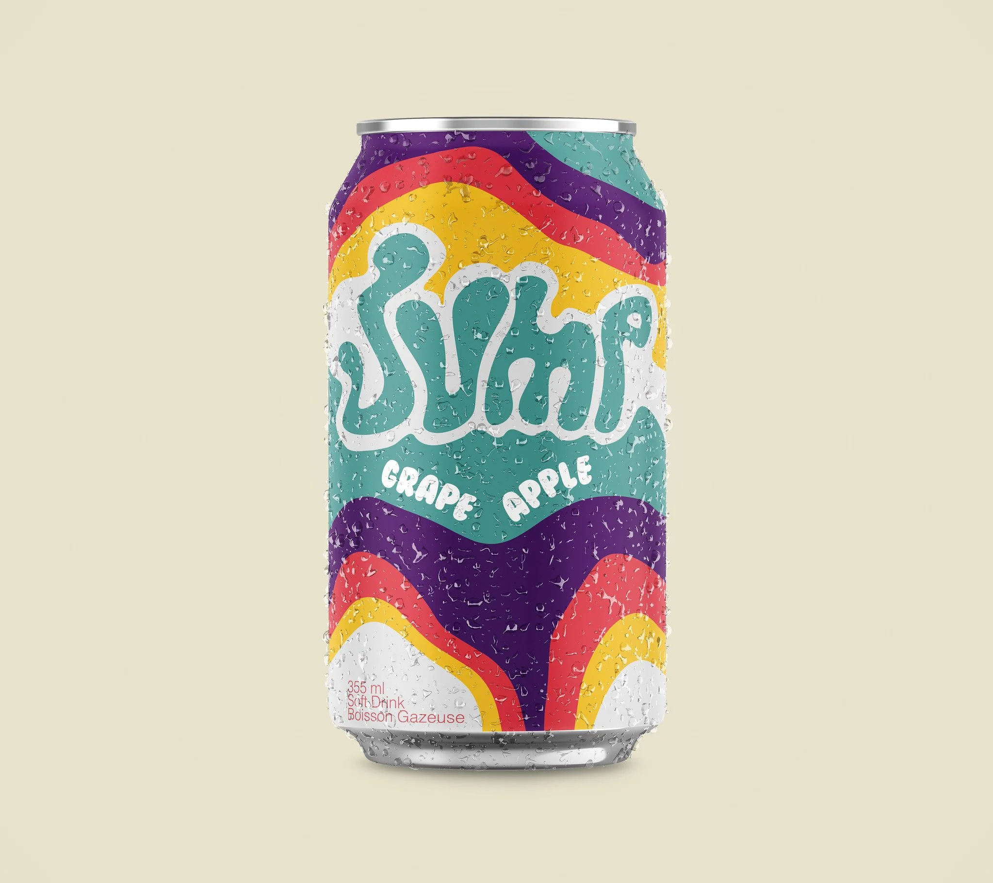 A colorful can of Ariel grape and apple soda with water droplets on its surface, against a plain light background.