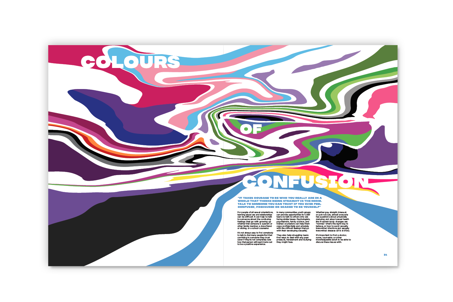 Colorful, abstract, swirling design with text overlay that reads 'Colors of Confusion'.