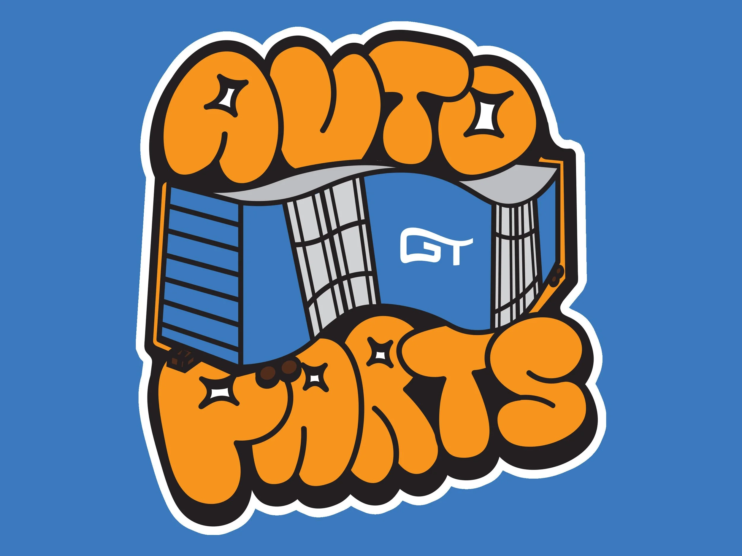 Graffiti-style text that reads 'OUTCAST' in orange with a blue graffiti building with gray details and a white 'GT' logo in the center, all on a blue background.