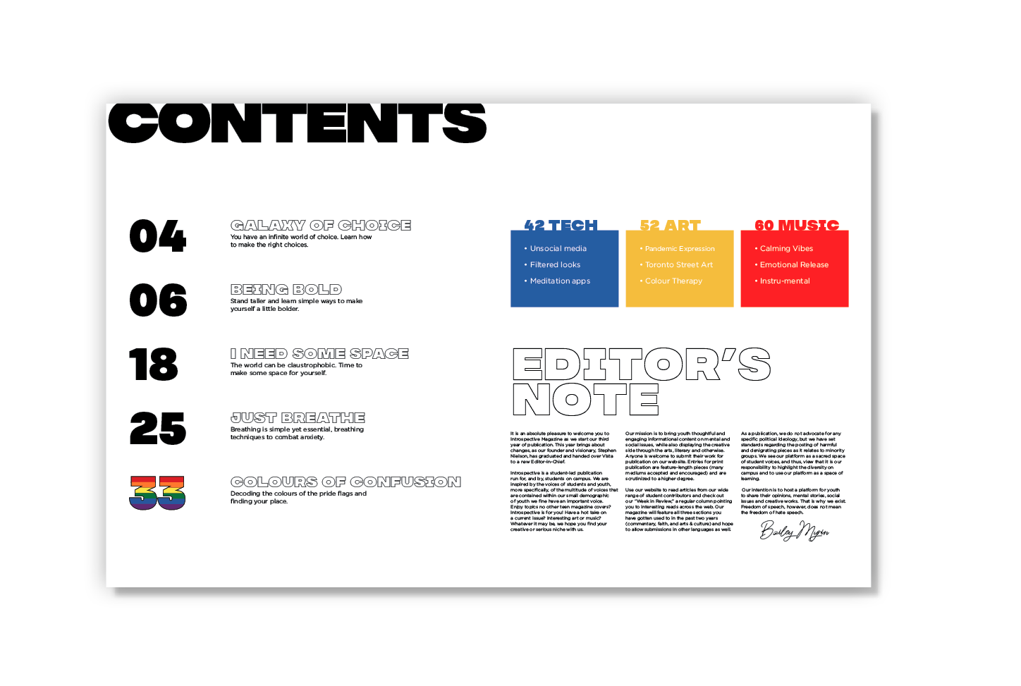 A colorful contents page with sections numbered 04, 06, 18, 25, and 33, featuring bold black text and a section with colorful blocks labeled 42, 52, and 60, plus an editor's note at the bottom right.
