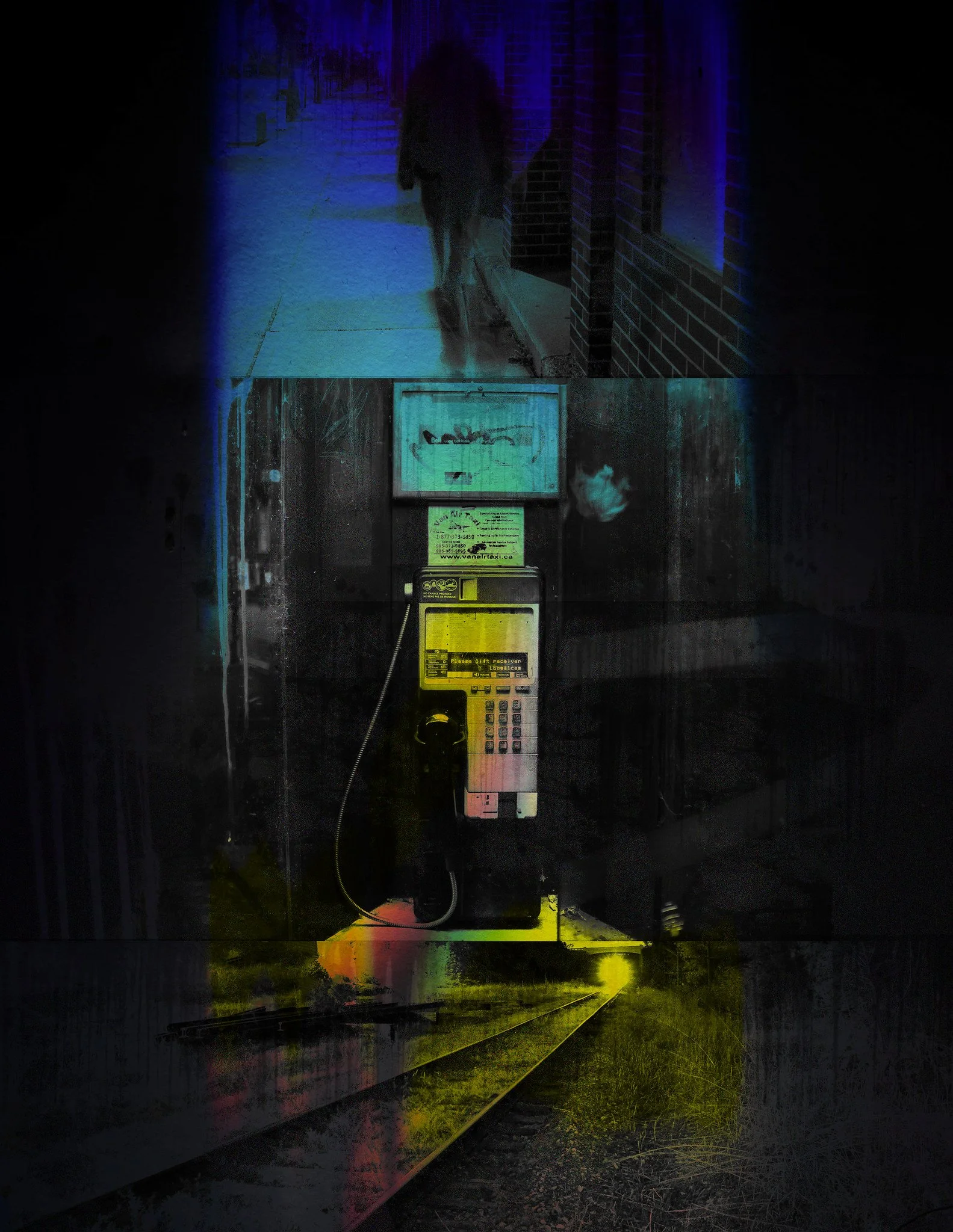 A person walking on a sidewalk at night, viewed through a layered and abstract composition with a train track at the bottom, an old payphone, and overlaying colors and textures.