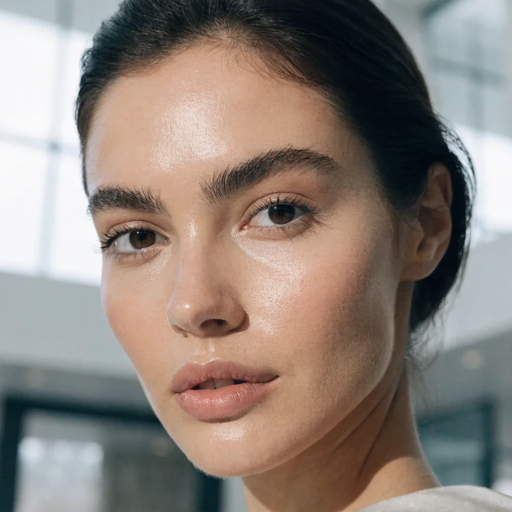 Close-up portrait of a woman with natural dewy skin and minimal makeup in soft daylight
