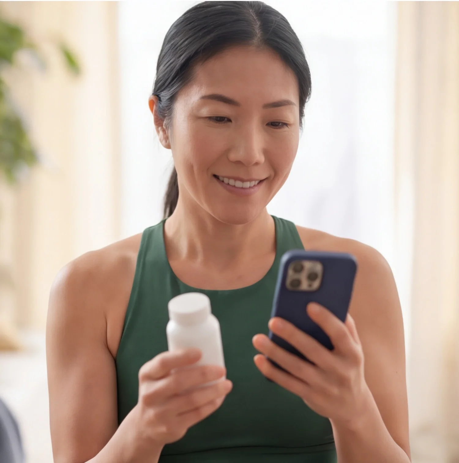 Woman in workout top looking at her phone while holding a white supplement bottle indoors