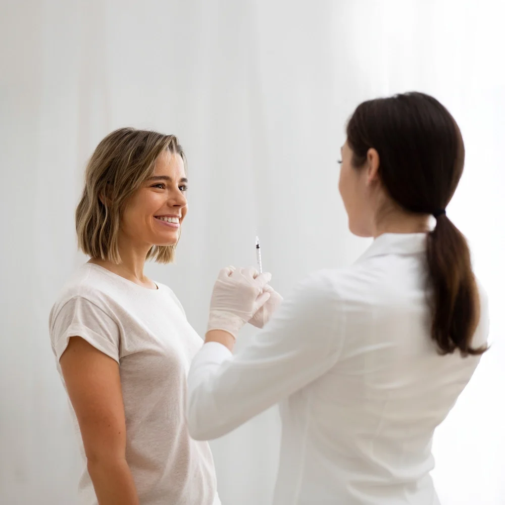 Smiling woman talking with an aesthetic injector holding a syringe in a bright clinic