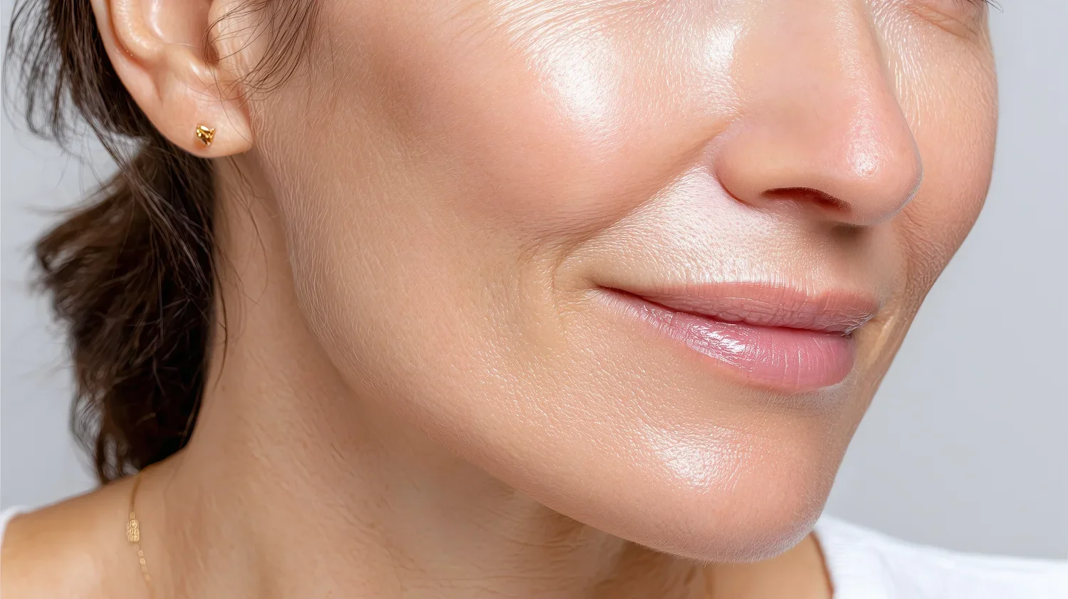 Close-up of a woman with glowing skin, natural lips, and a gold earring.