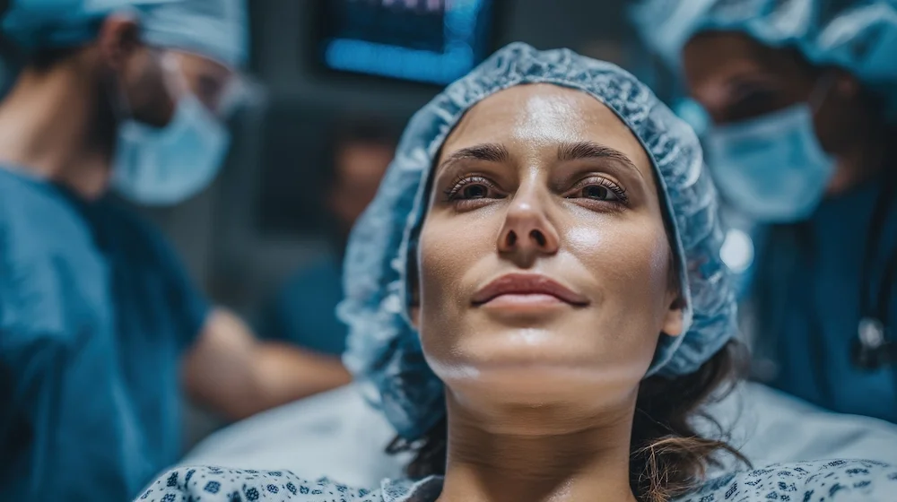 Woman on operating table with surgical team preparing for procedure in hospital OR