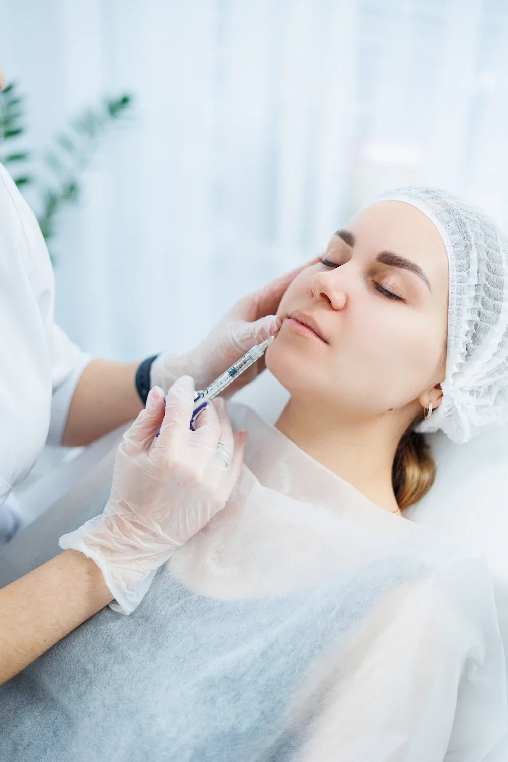 Young woman lying in a clinic chair receiving a lip filler injection from a provider in gloves