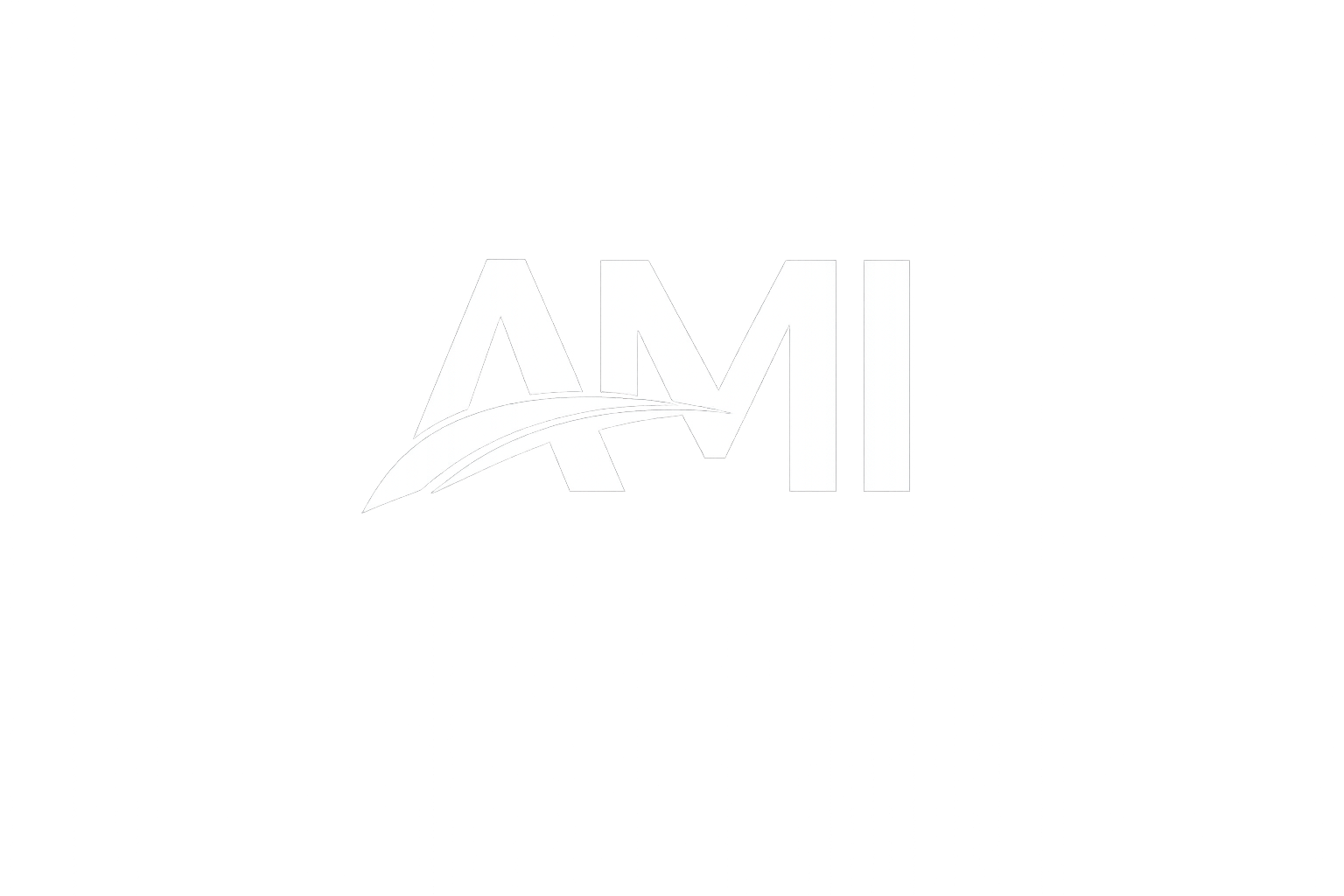 Black background with the white capital letters spelling 'AMI' and a curved swoosh underneath the 'A'.