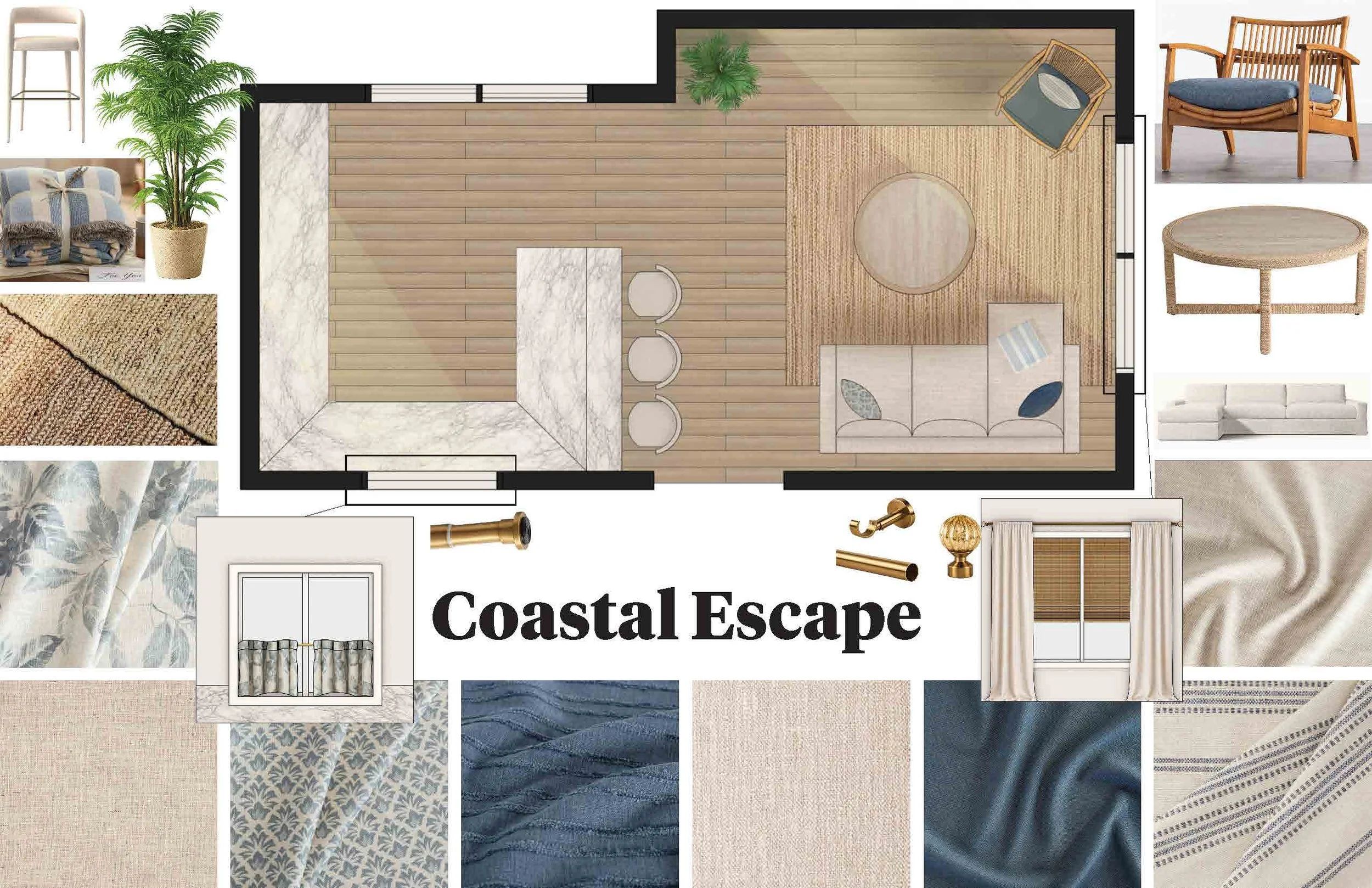 A coastal-themed interior design layout featuring a living room with a sofa, circular rug, ottomans, wicker chairs, side tables, and window treatments with curtains. The color palette includes beige, navy, cream, and natural wood tones, with fabric samples and decorative accents showing textures like linen, silk, and woven materials.