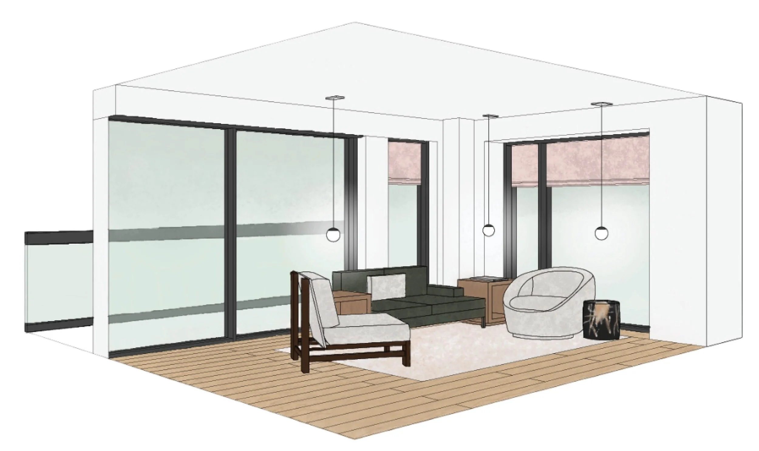 A modern living room with large glass sliding doors, a dark green sofa, a white armchair, a round lounge chair, side tables, pendant lighting, and window blinds, all on a wooden floor.